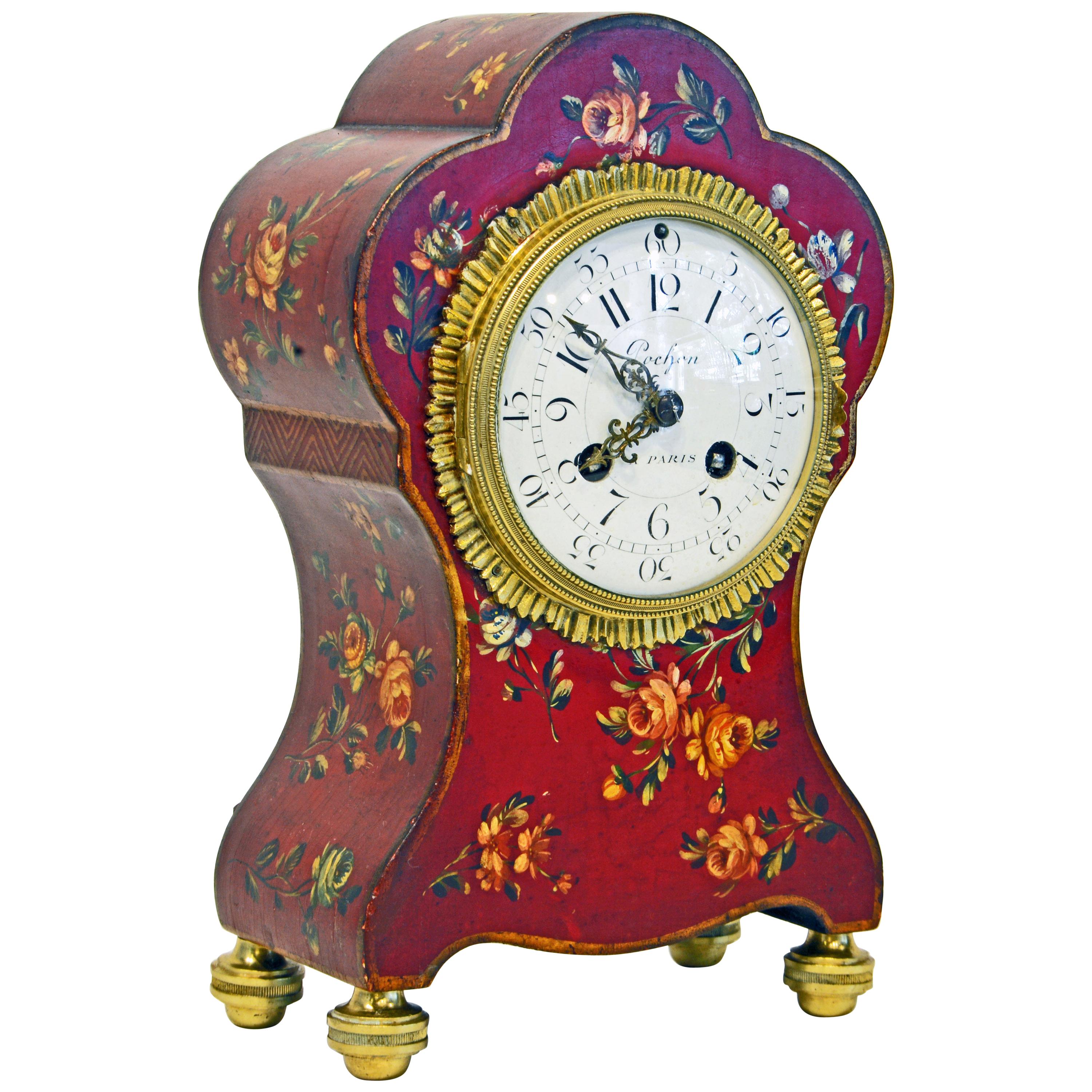 French Painted and Flower Decorated Bronze Mounted Mantel Clock, 19th Century
