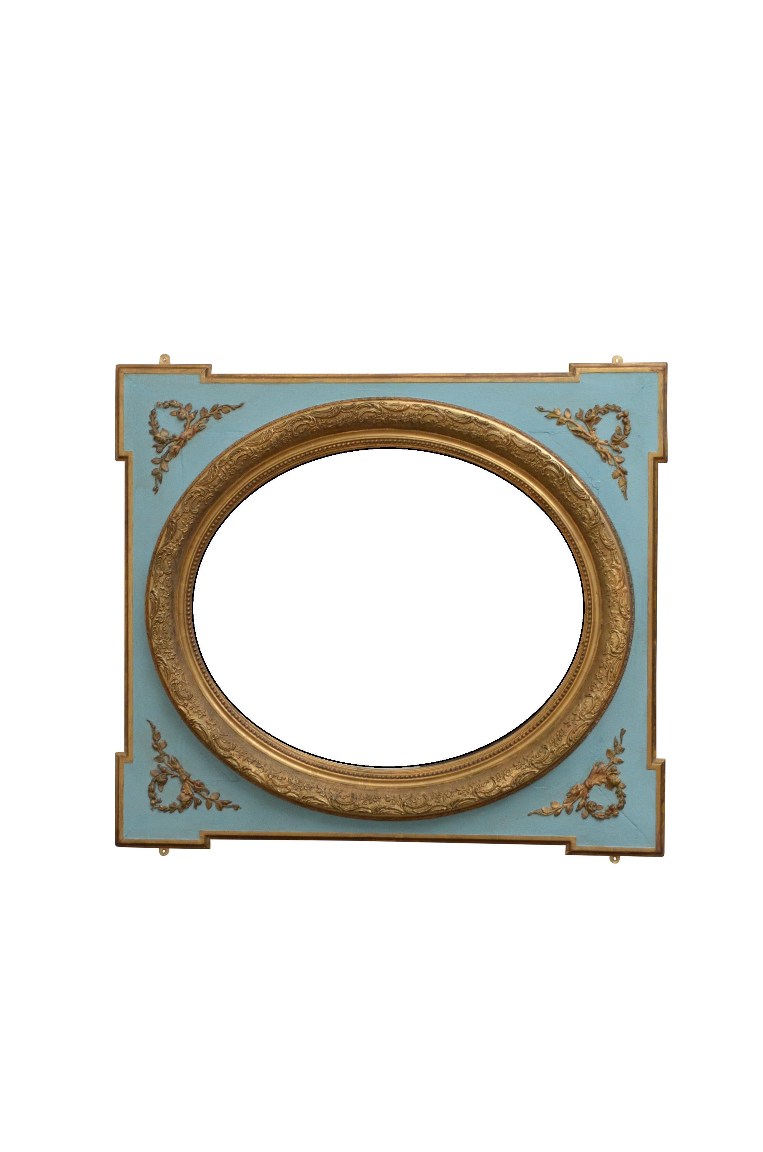 K0457, very attractive 19th century wall mirror, having original glass with some foxing in finely decorated gilded frame with blue backdrop, all in excellent home ready condition, circa 1880
Measures: H 34