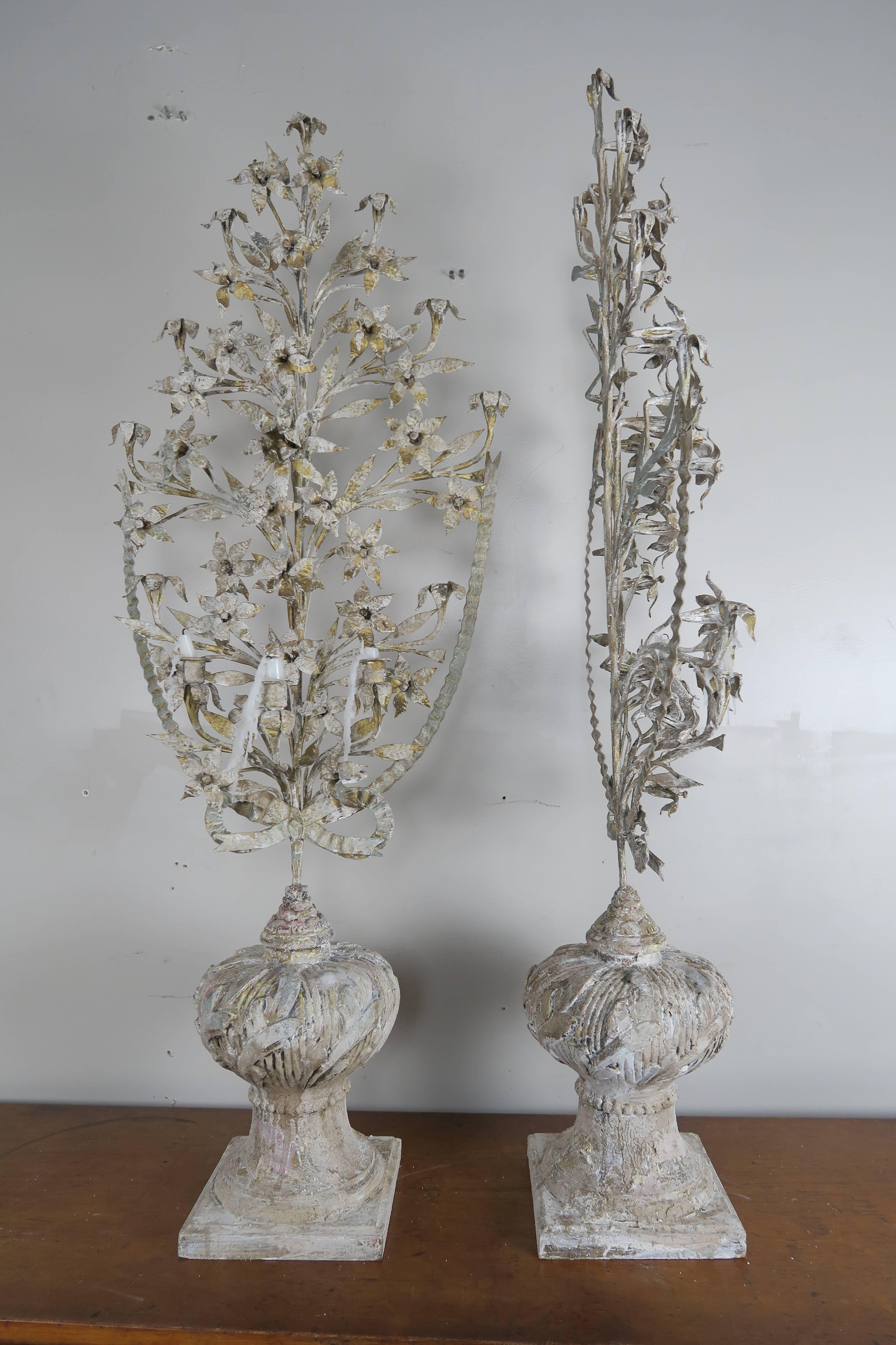 Rococo French Painted and Metal Bouquets of Flowers, Pair