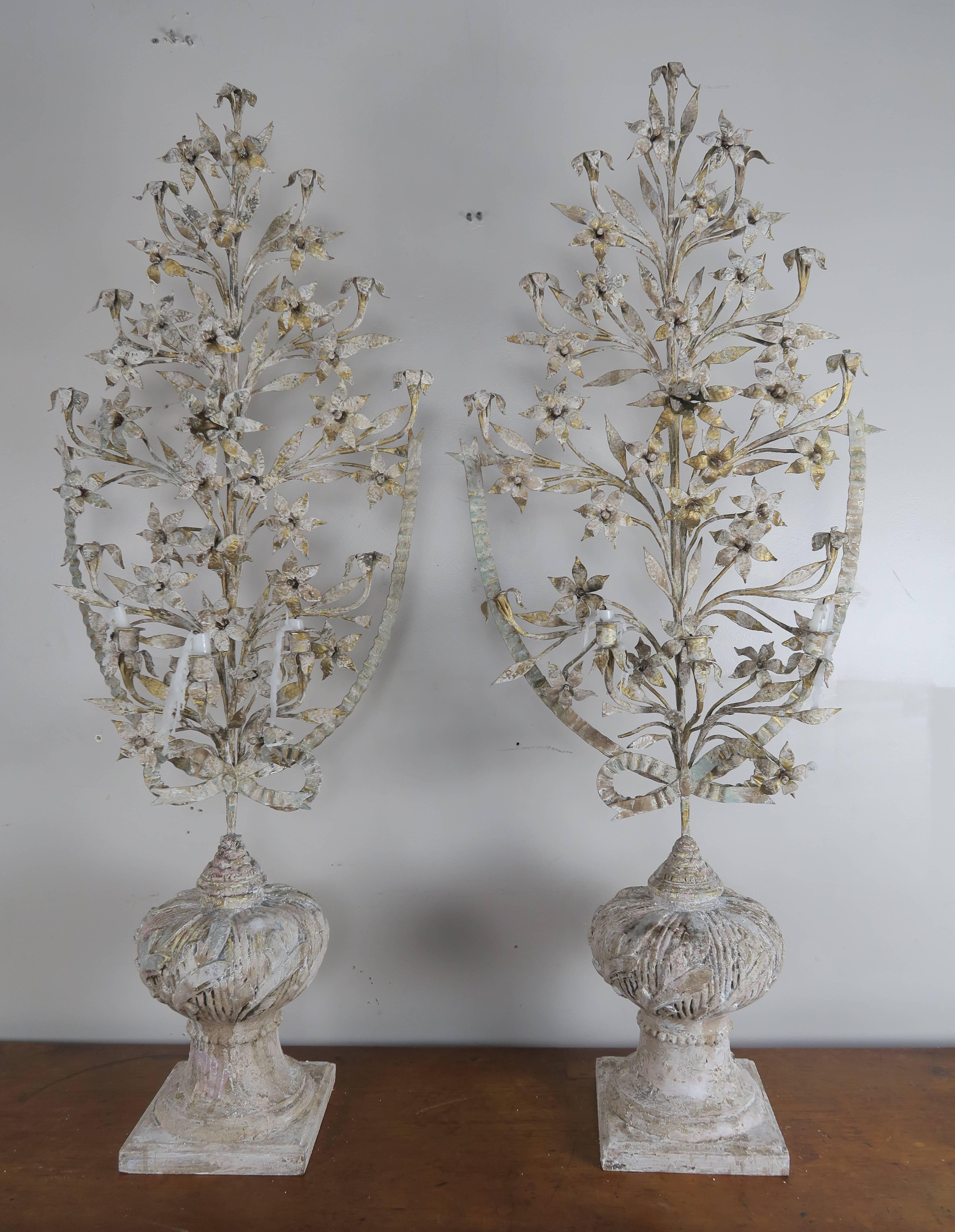 French Painted and Metal Bouquets of Flowers, Pair In Distressed Condition In Los Angeles, CA