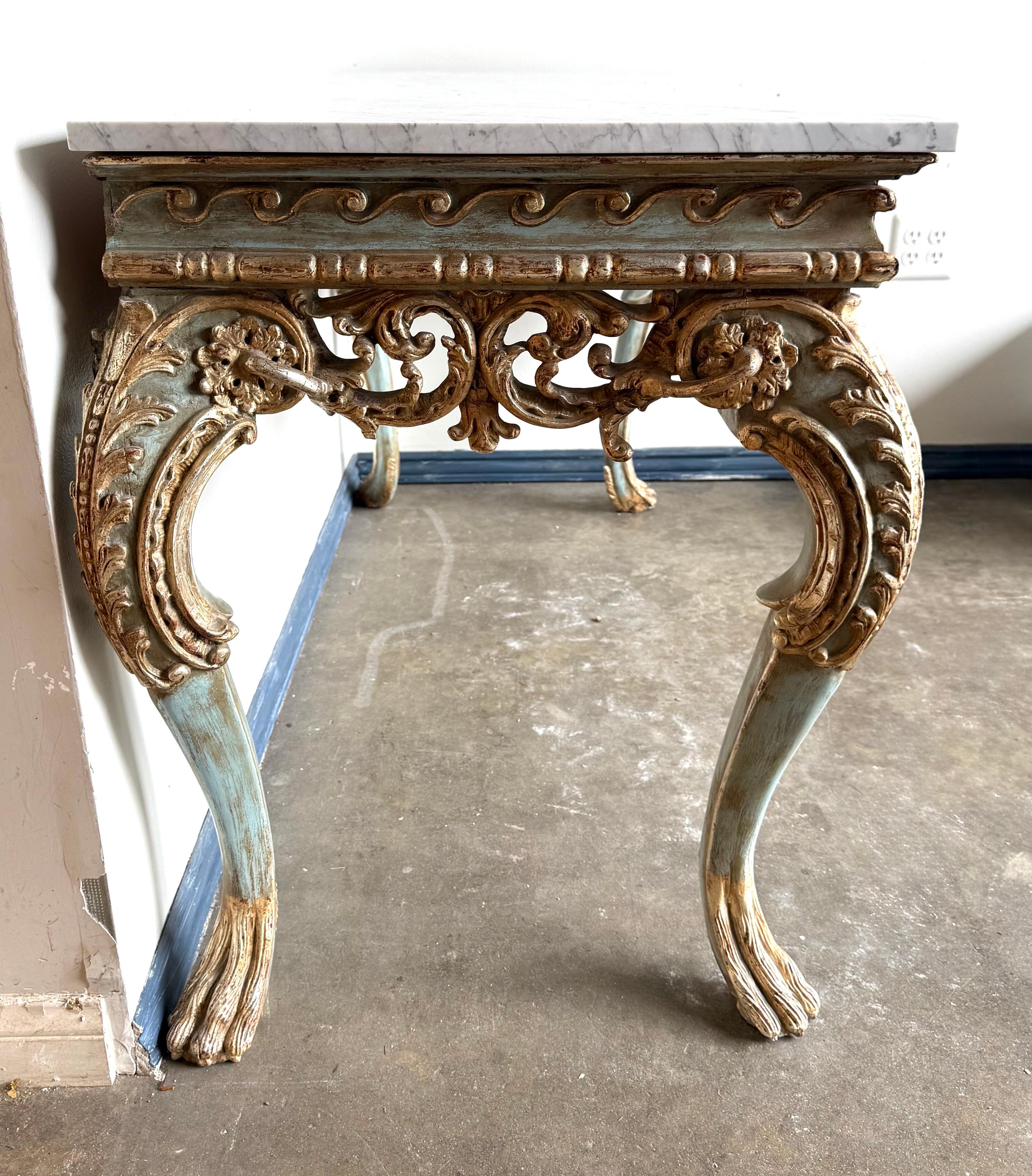 French Painted and Parcel Gilt Console with Carrara Marble Top For Sale 5