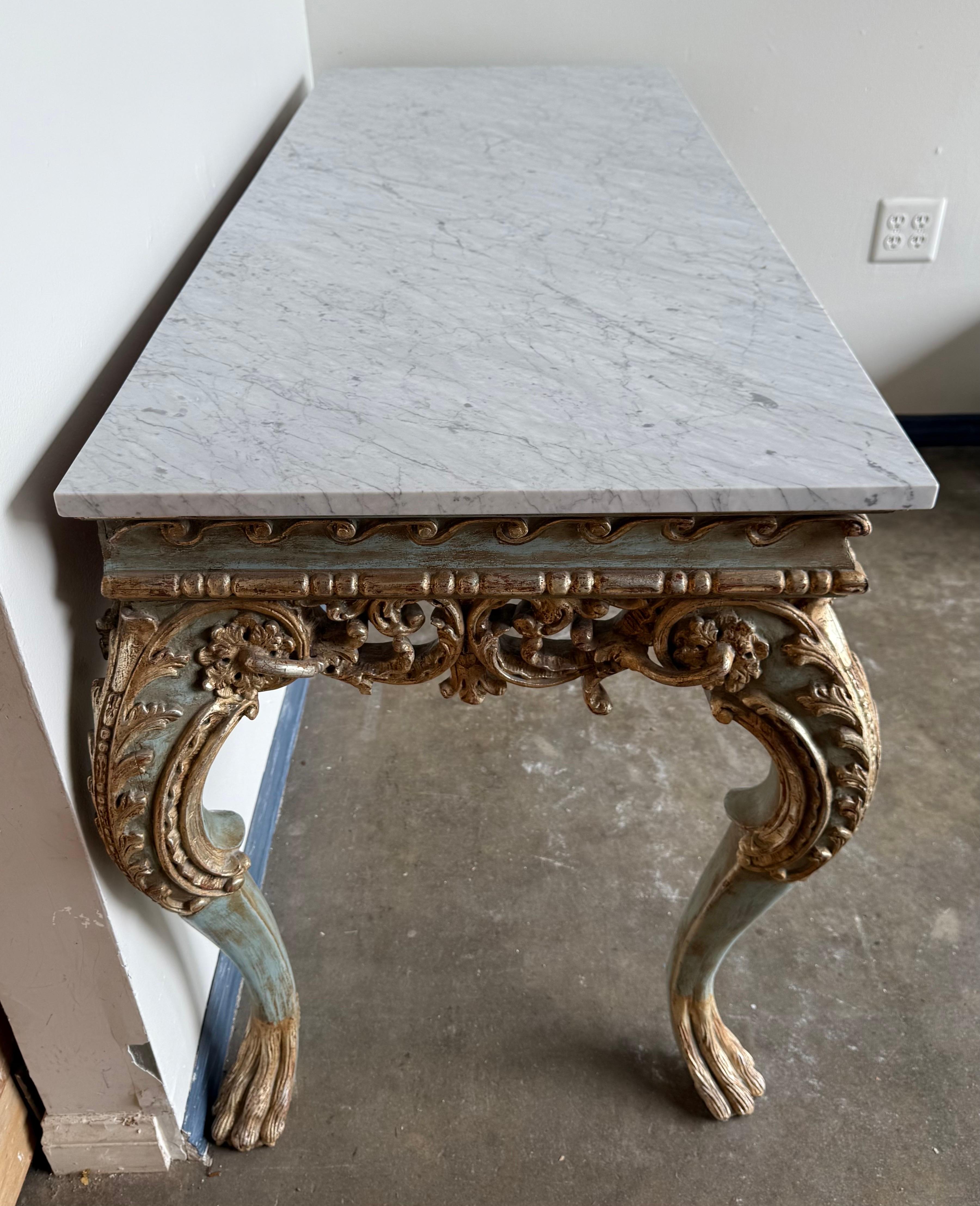 French Painted and Parcel Gilt Console with Carrara Marble Top For Sale 8