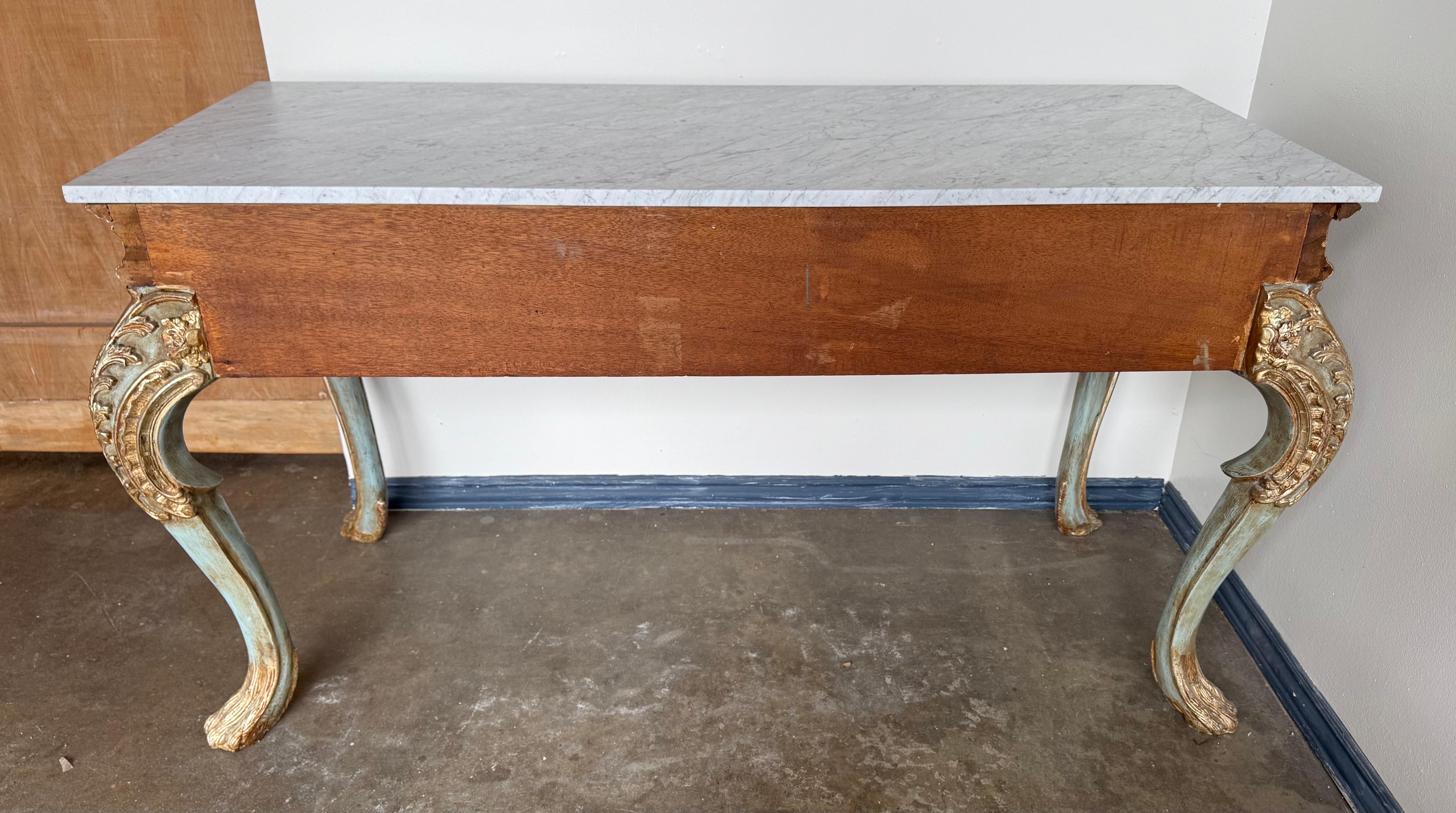 French Painted and Parcel Gilt Console with Carrara Marble Top For Sale 9