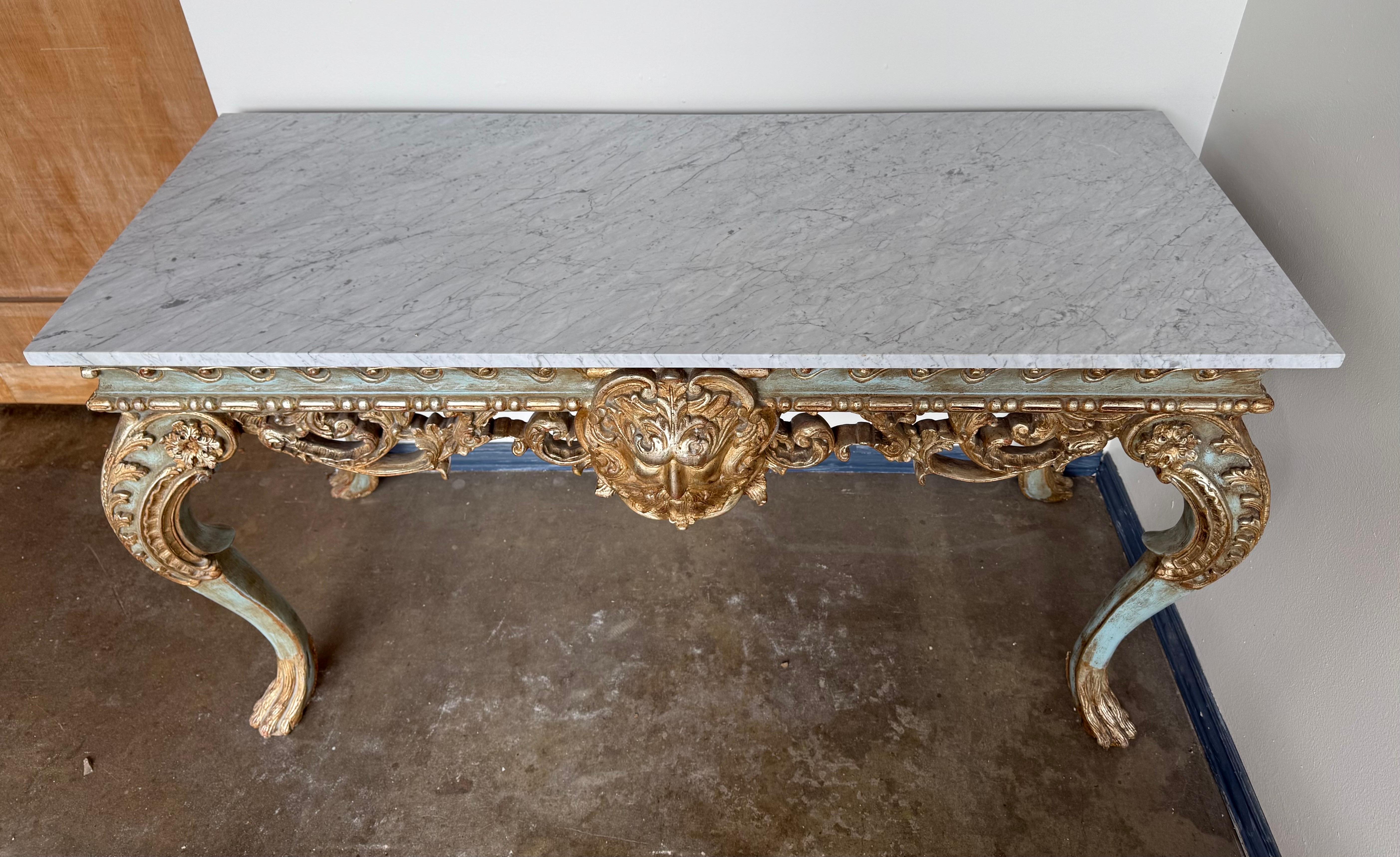 Neoclassical French Painted and Parcel Gilt Console with Carrara Marble Top For Sale