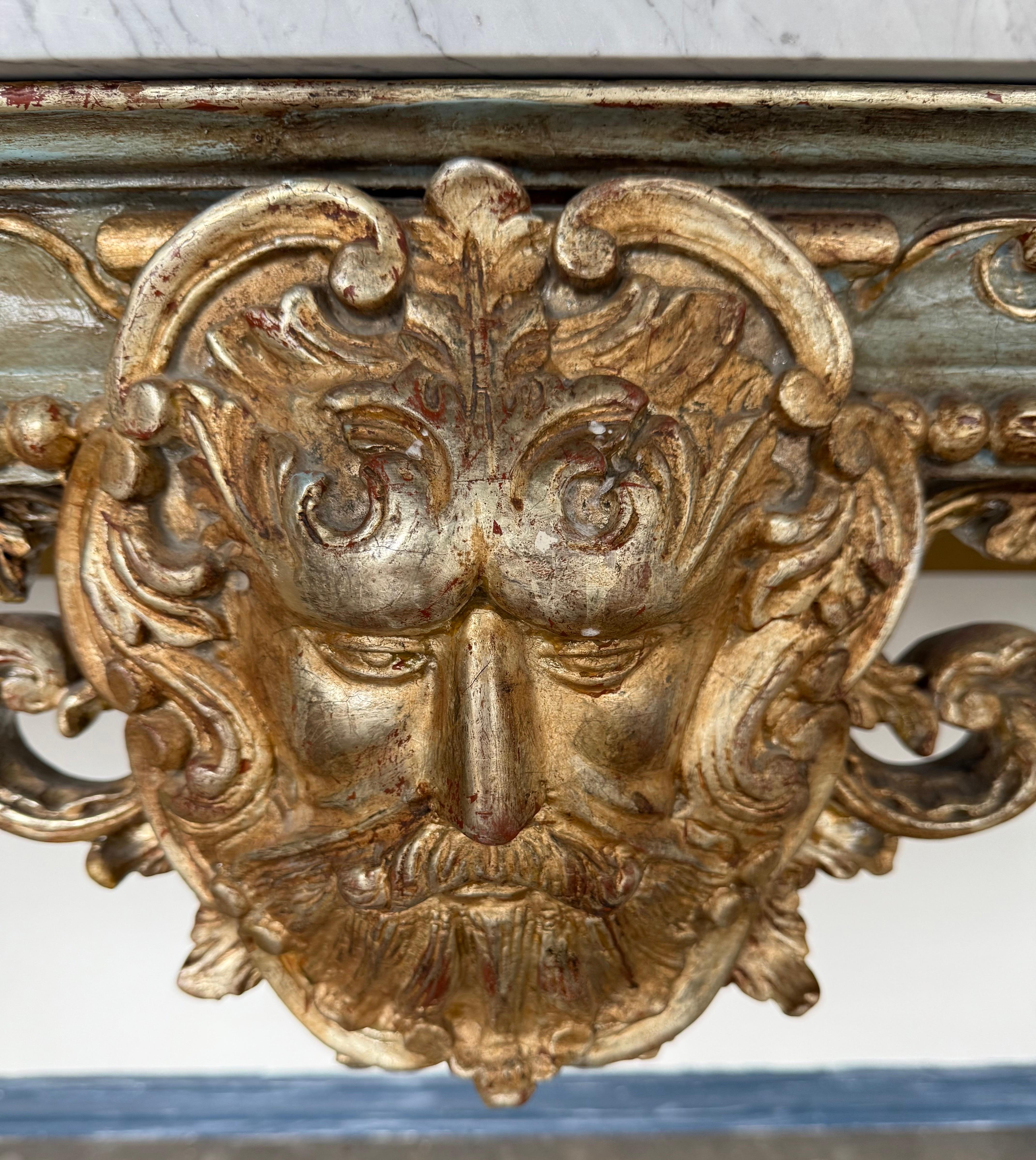 French Painted and Parcel Gilt Console with Carrara Marble Top In Excellent Condition For Sale In Los Angeles, CA