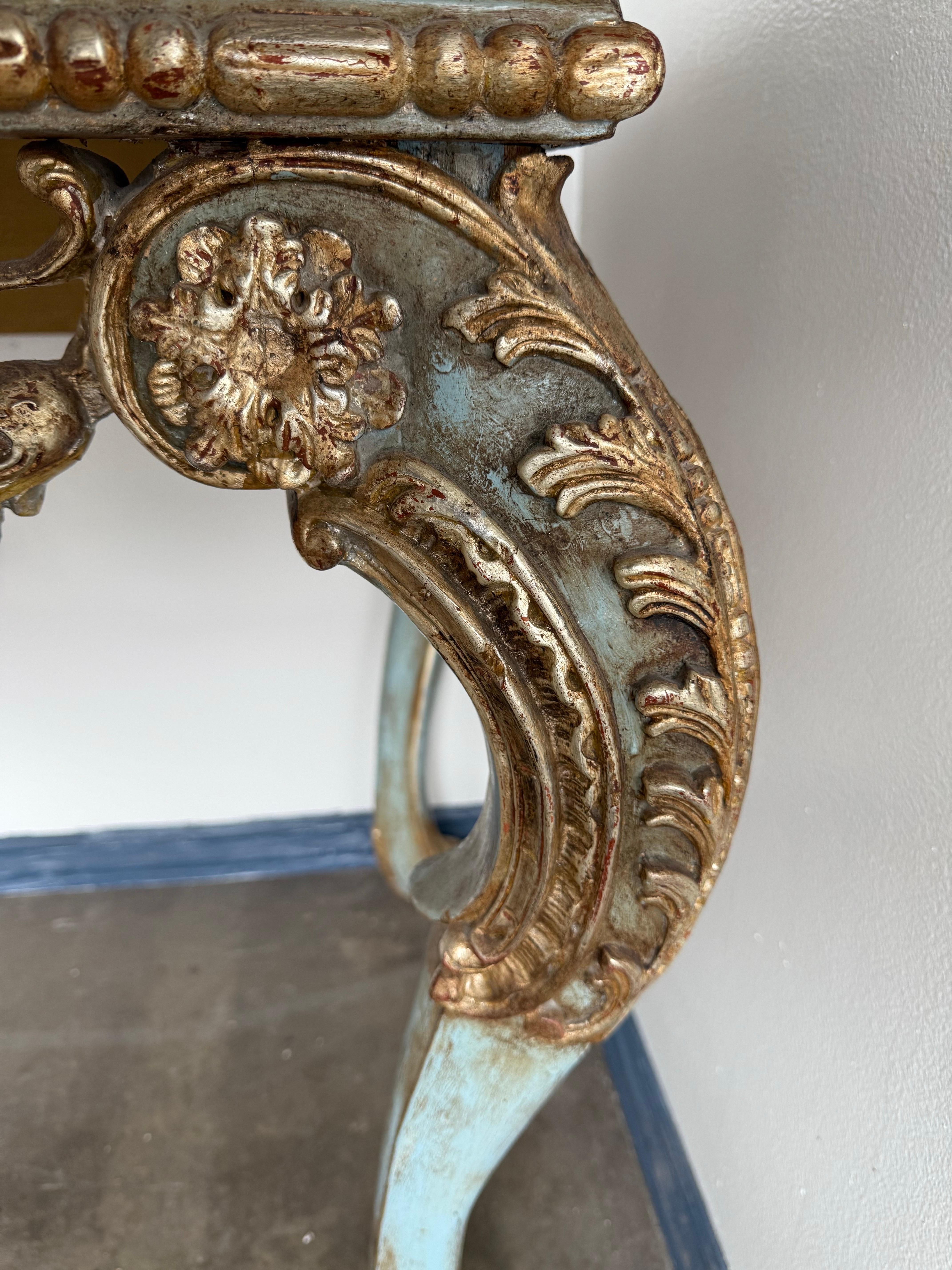French Painted and Parcel Gilt Console with Carrara Marble Top For Sale 3