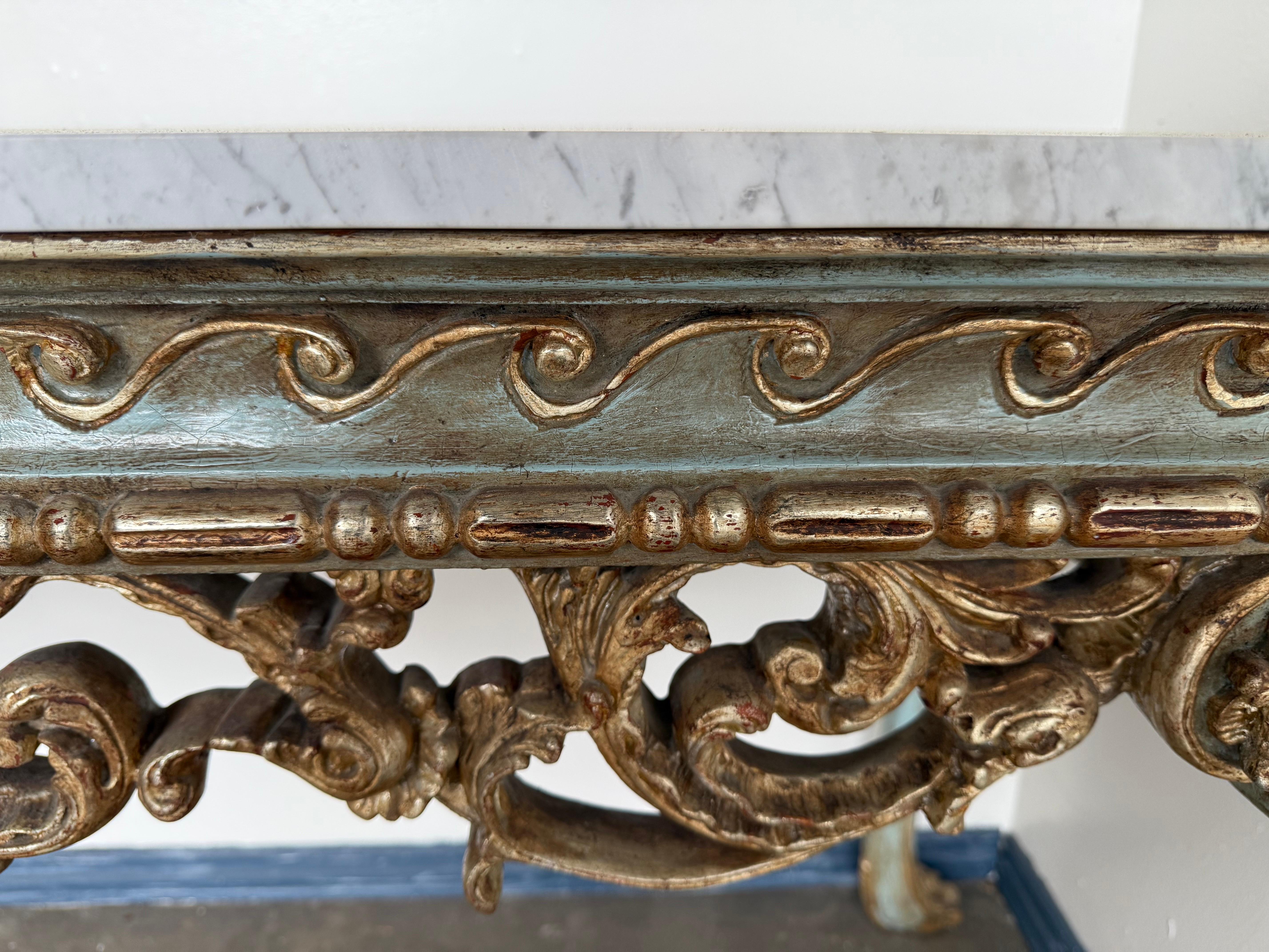 French Painted and Parcel Gilt Console with Carrara Marble Top For Sale 4
