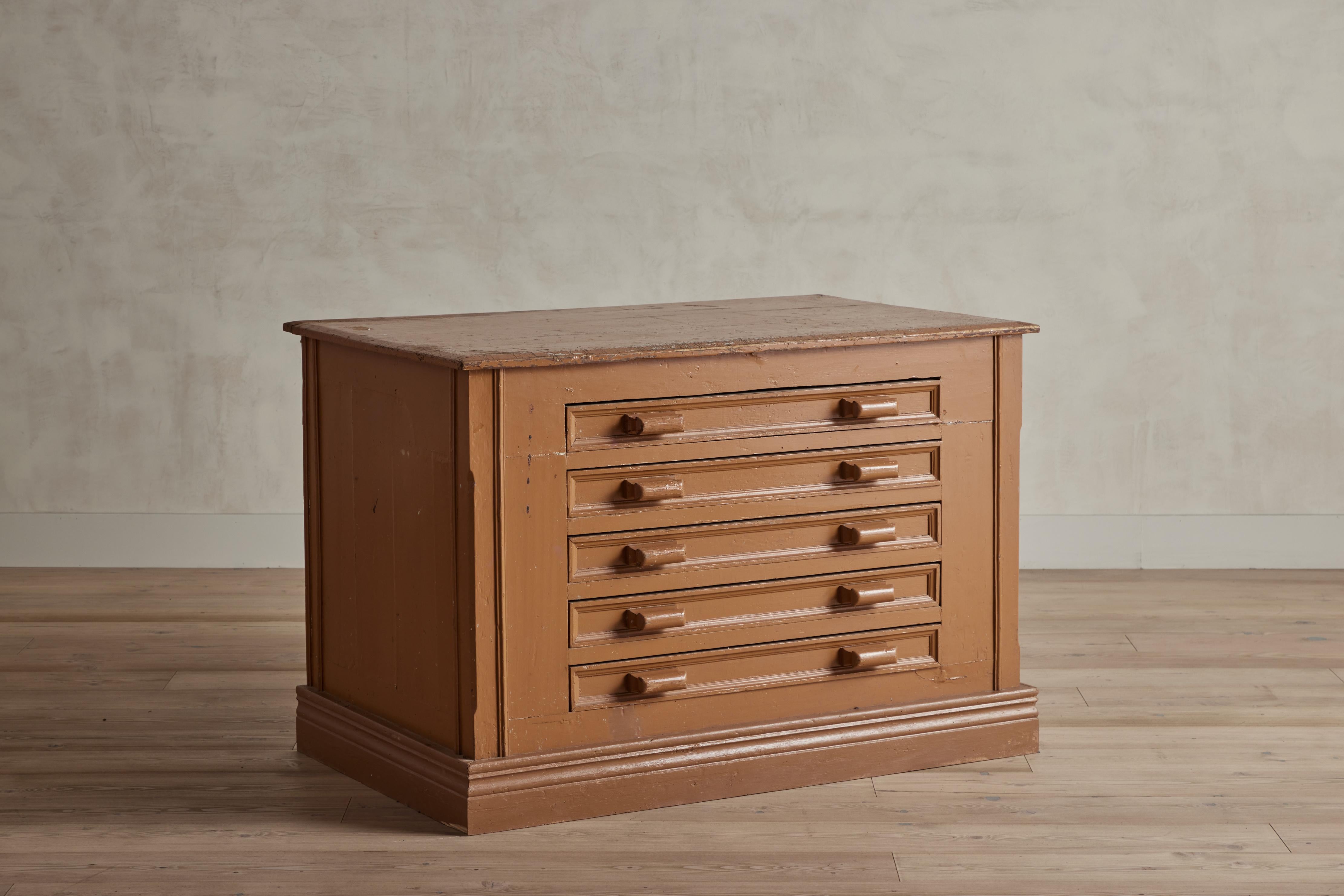Brown hand painted architect’s drawers from France circa 1900. Chest features five drawers originally used for architect document storage. Wear on wood and paint that is consistent with age and use. Perfect for storage, entry or bedside table. 
