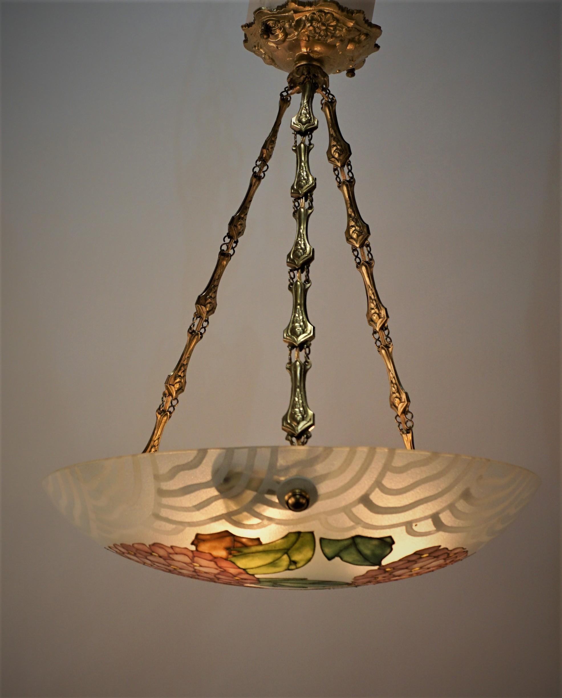 French Painted Art Deco Glass Chandelier In Good Condition In Fairfax, VA