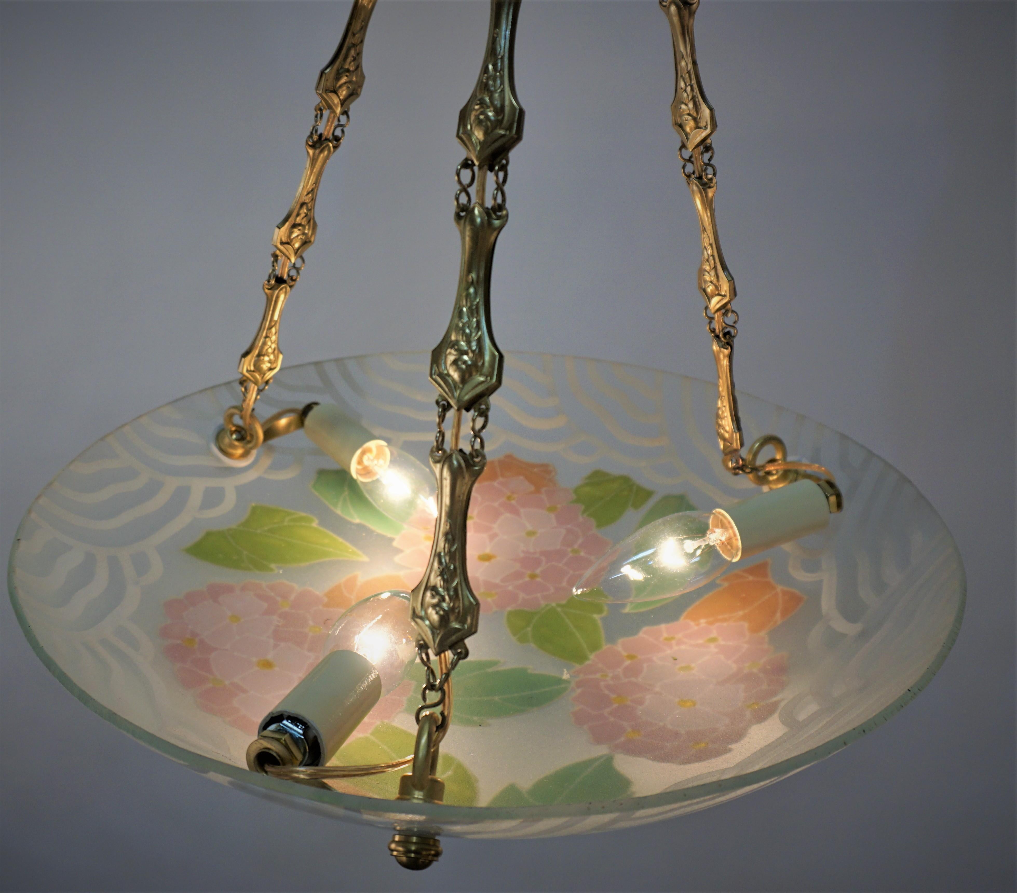 French Painted Art Deco Glass Chandelier 1