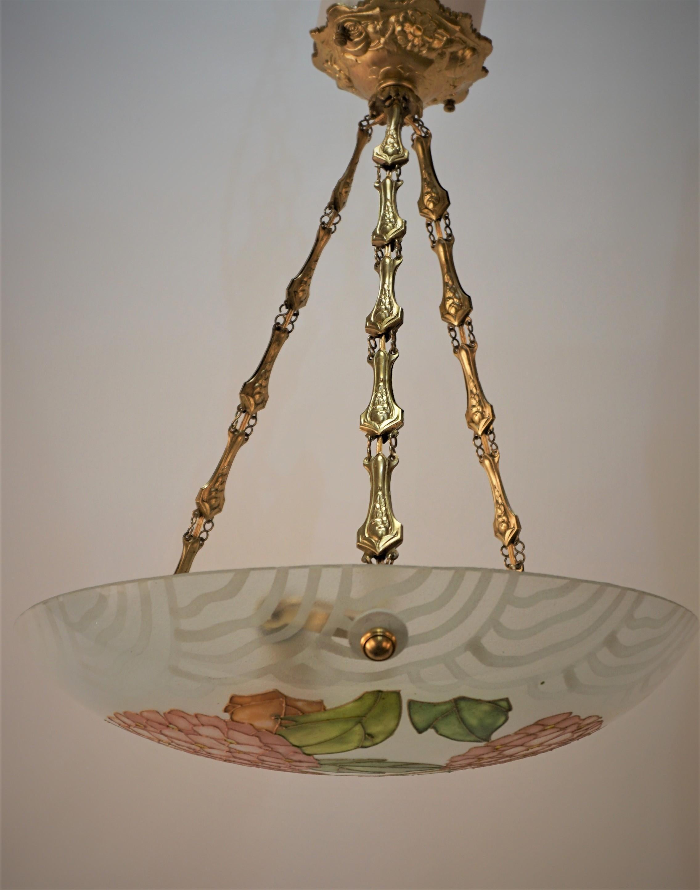 French Painted Art Deco Glass Chandelier 3