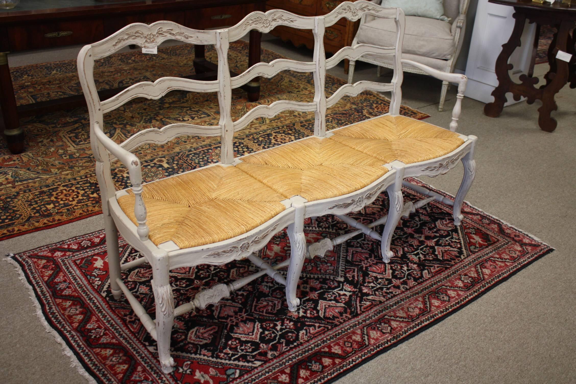 French painted bench with rush seat, wonderful condition.