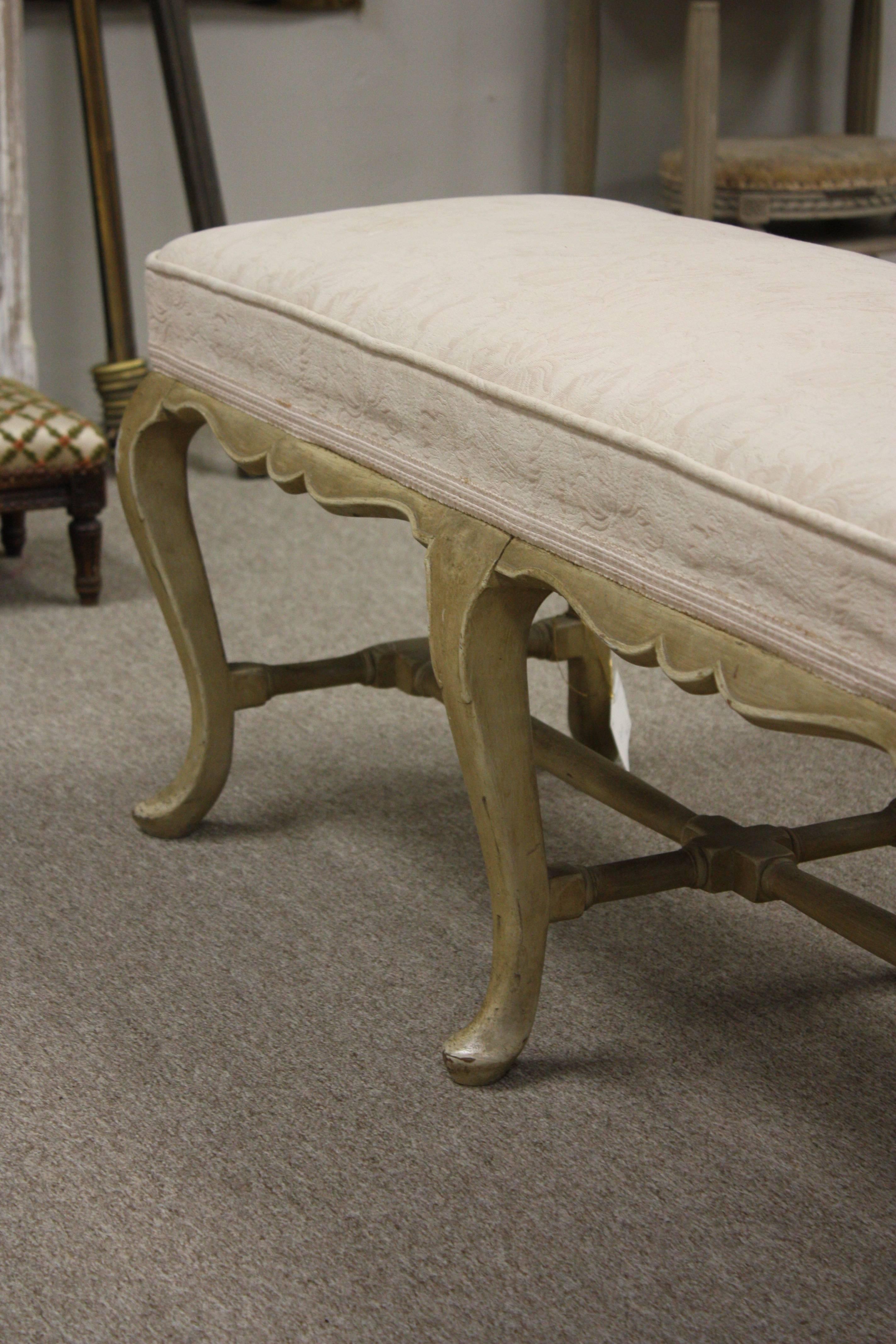 Louis XV French Painted Bench with Six Cabriole Legs and Stretchers