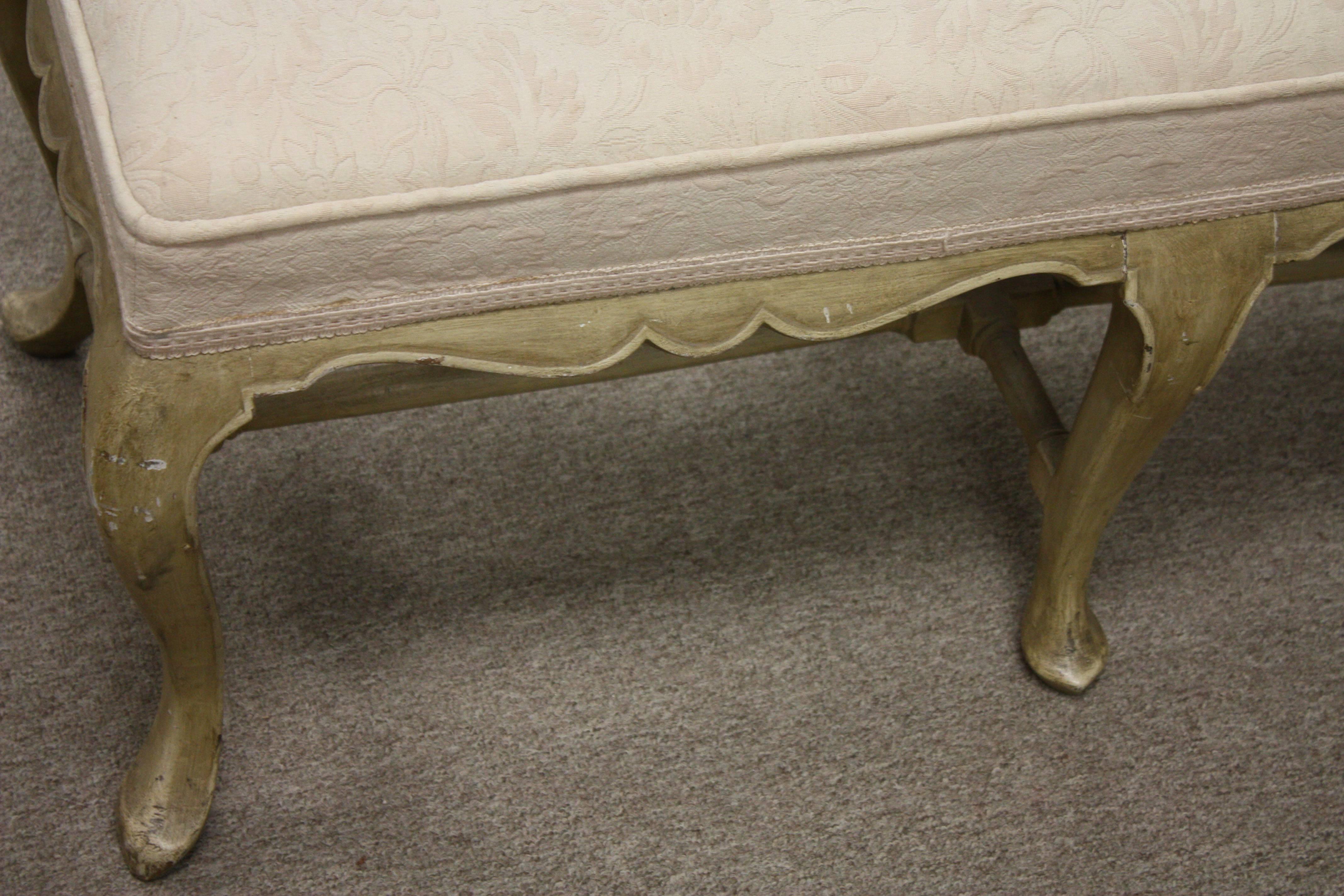 19th Century French Painted Bench with Six Cabriole Legs and Stretchers