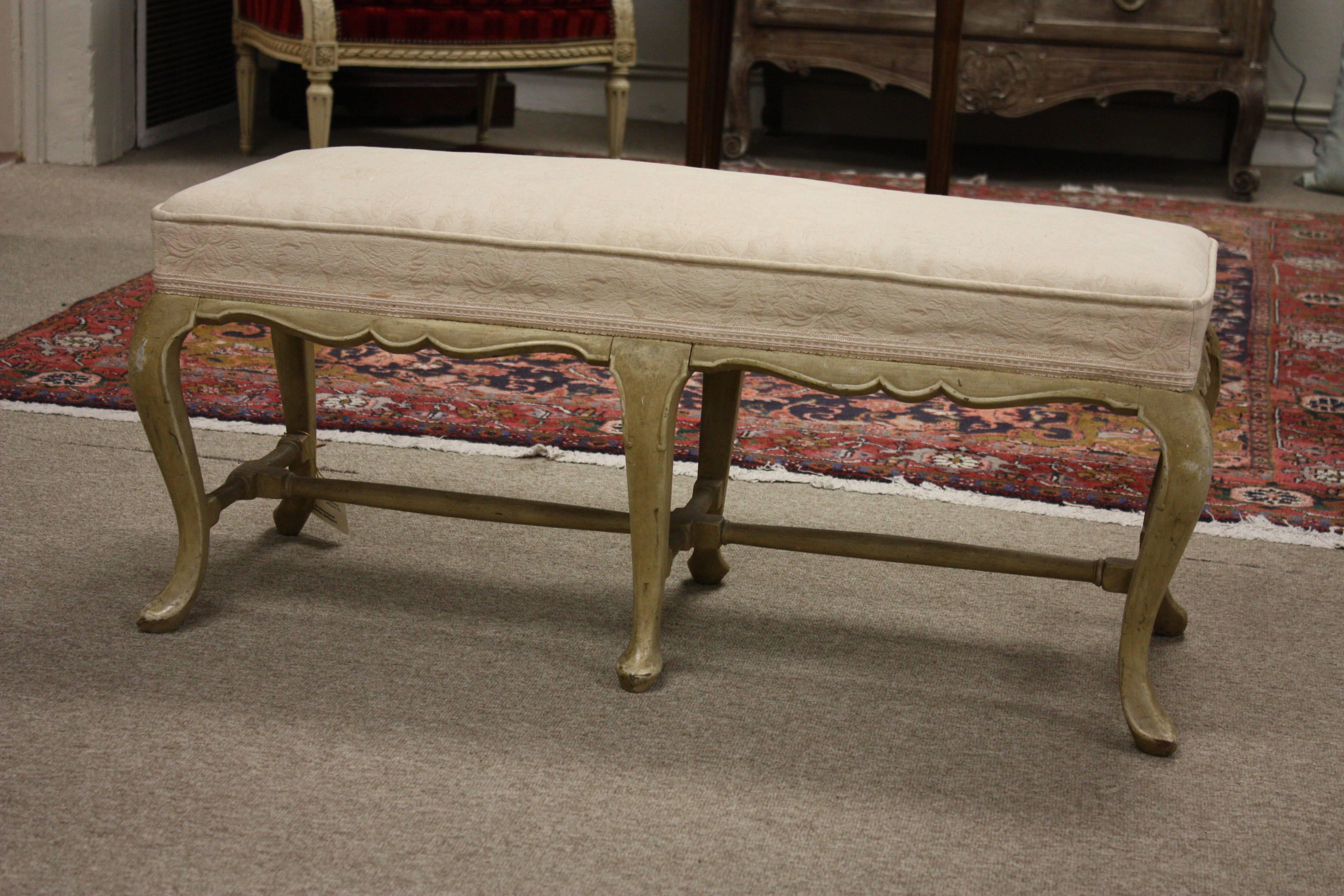 French Painted Bench with Six Cabriole Legs and Stretchers 1