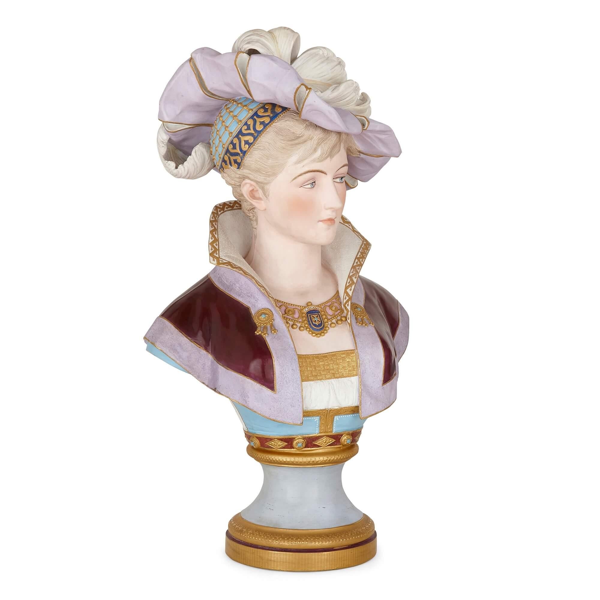 French painted bisque porcelain bust of a woman
French, 19th century
Measures: Height 68cm, width 40cm, depth 30cm

This fine bust is crafted from painted bisque porcelain. The bust depicts a young woman in a historicised Renaissance style: the