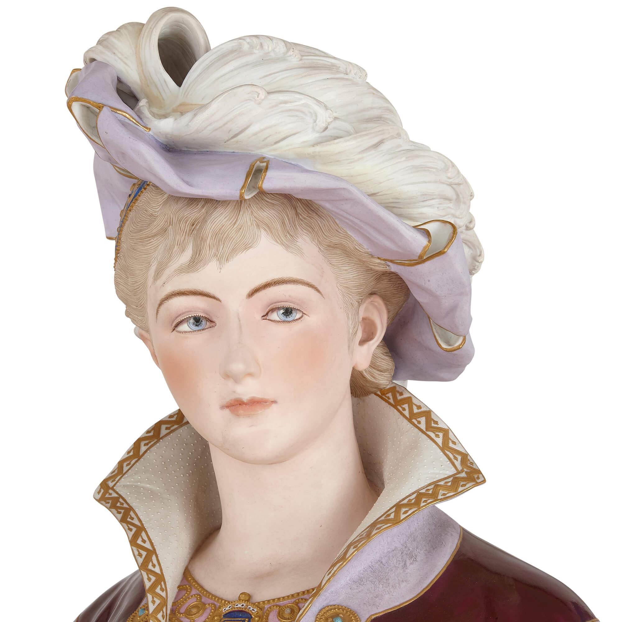 Renaissance Buste de femme en porcelaine biscuit peinte à la française en vente