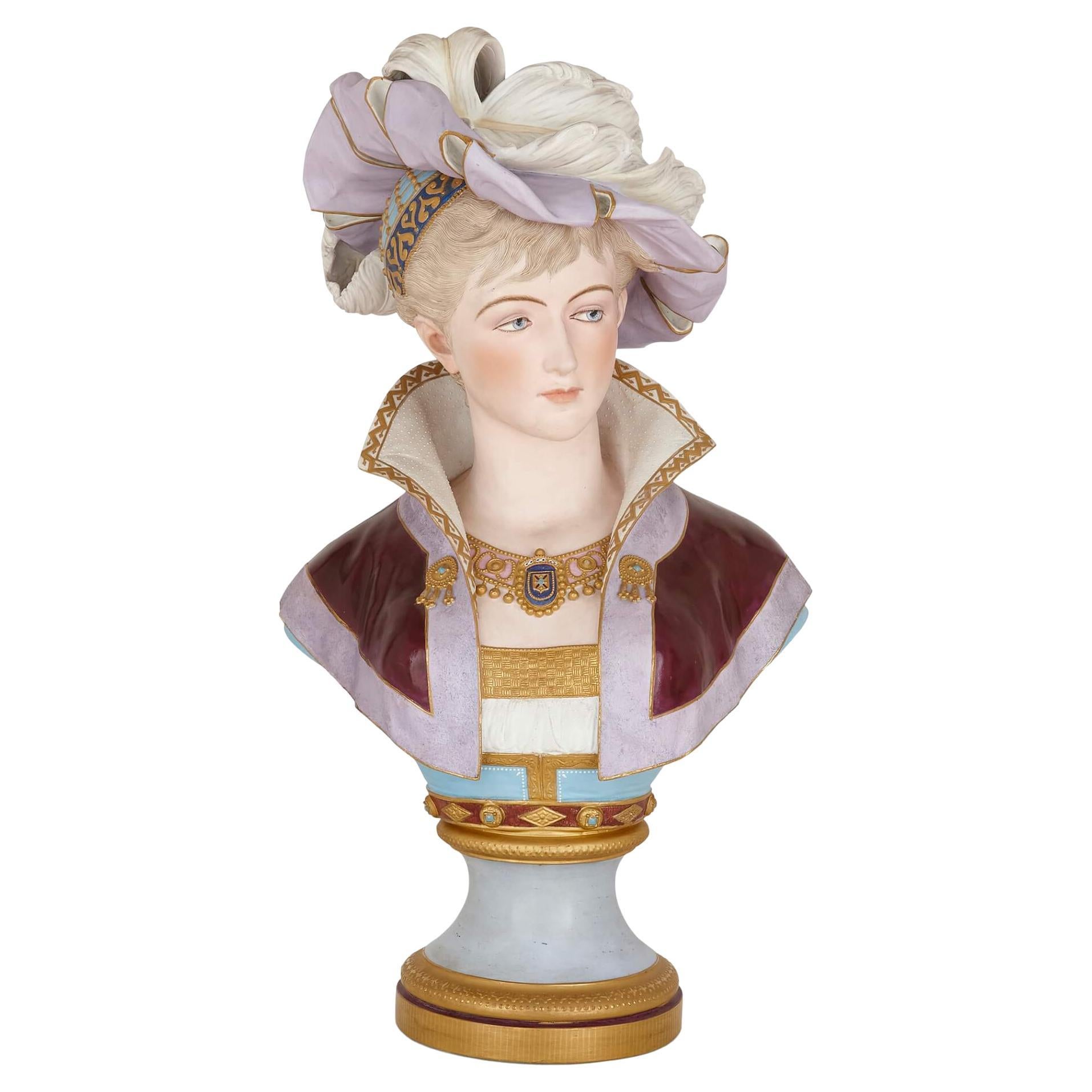 Buste de femme en porcelaine biscuit peinte à la française en vente