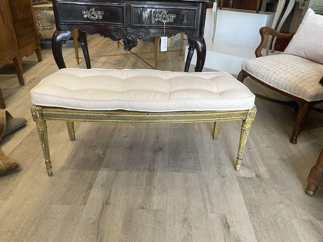 19th Century French Painted & Caned Window Bench With Upholstered Cushion