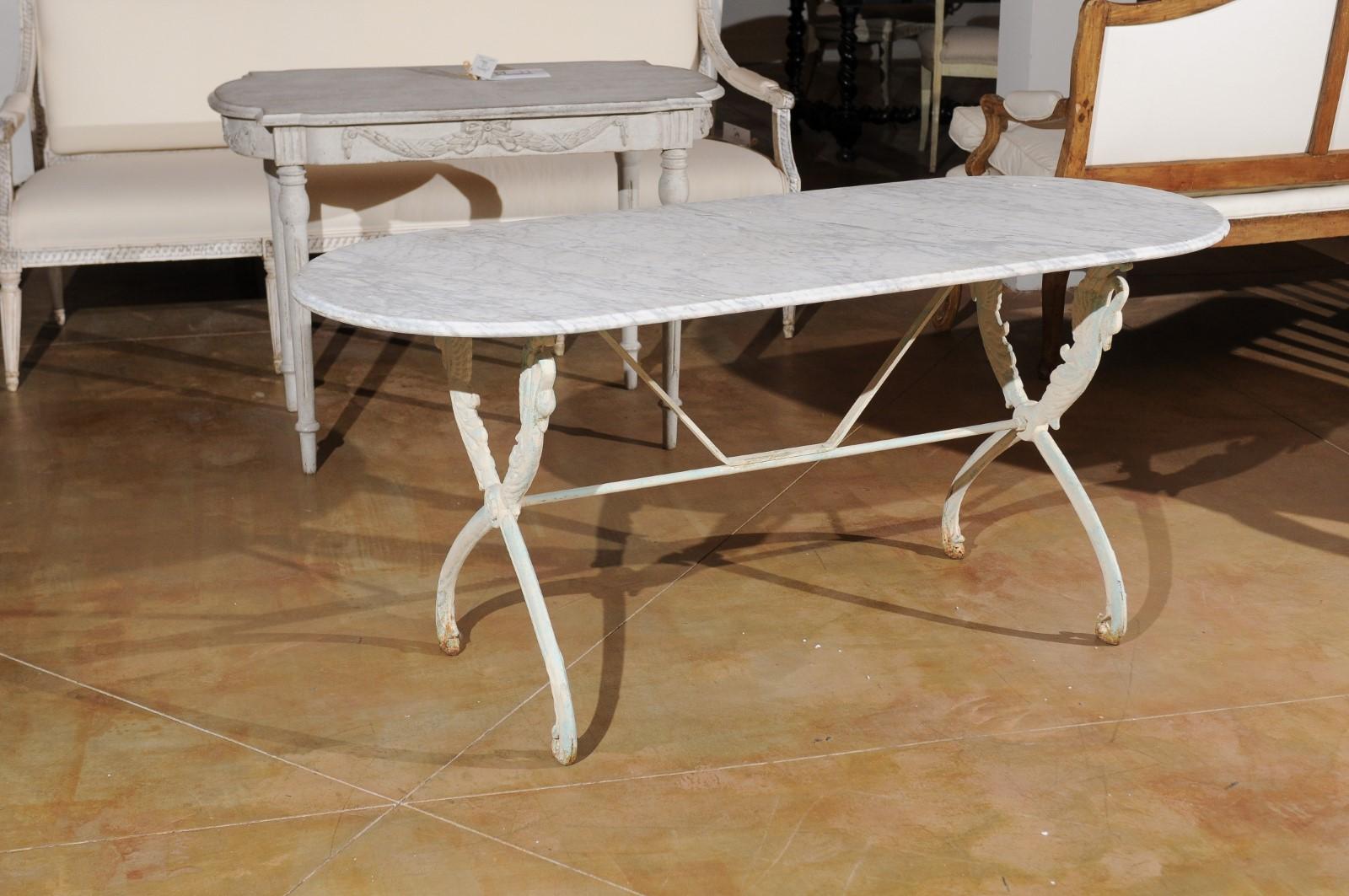 French Painted Cast Iron Table with Oval Carrara Marble Top and Swan Motifs 6