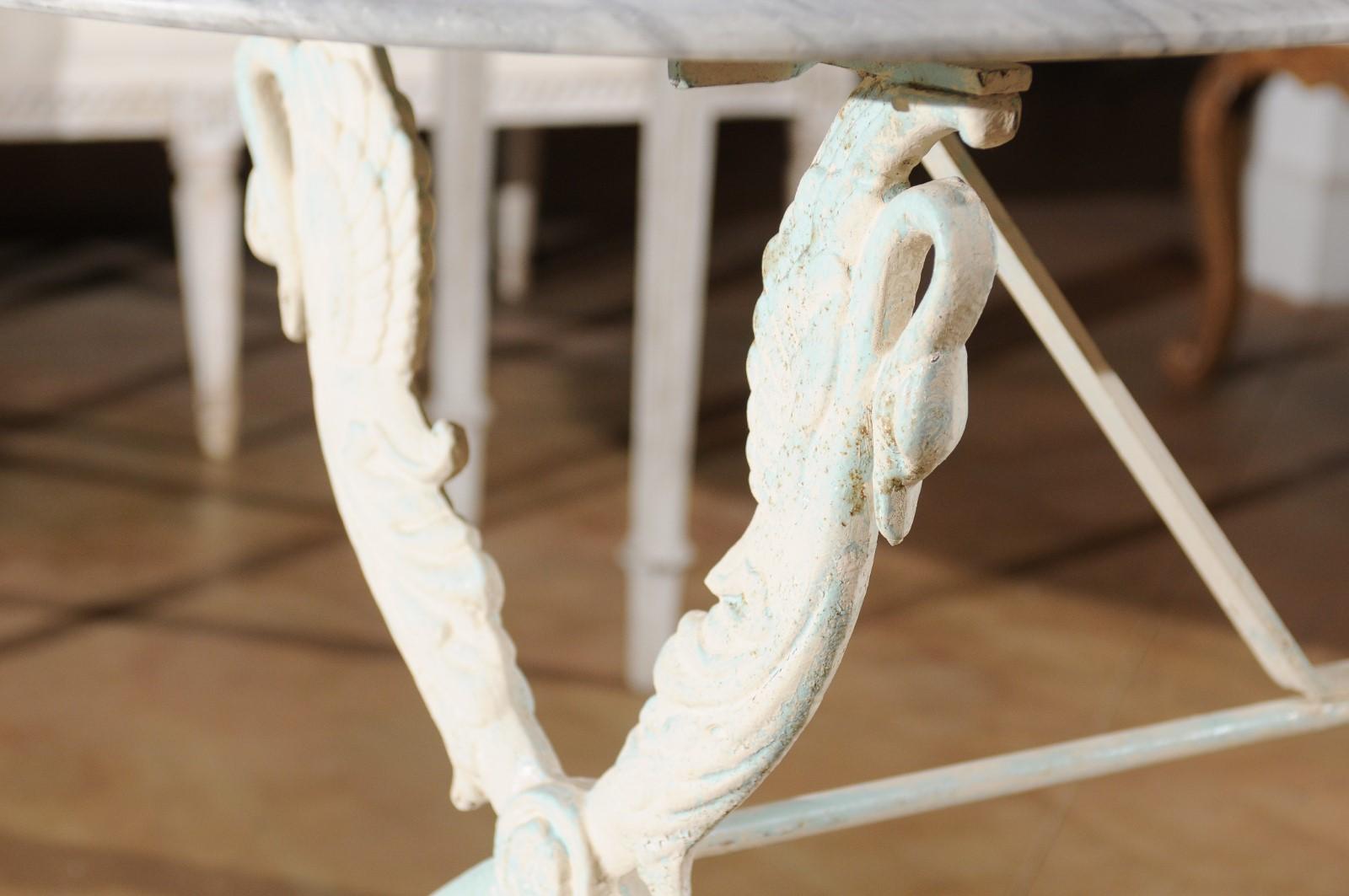 French Painted Cast Iron Table with Oval Carrara Marble Top and Swan Motifs 7