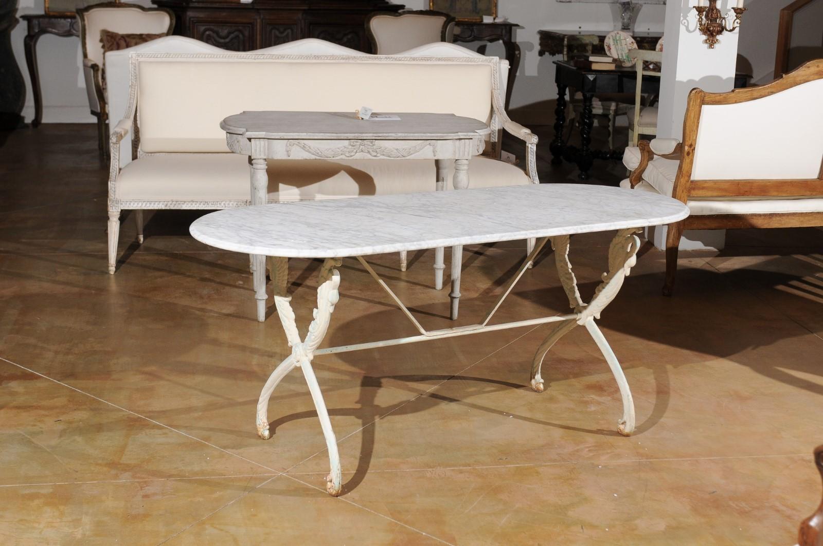 French Painted Cast Iron Table with Oval Carrara Marble Top and Swan Motifs In Good Condition In Atlanta, GA