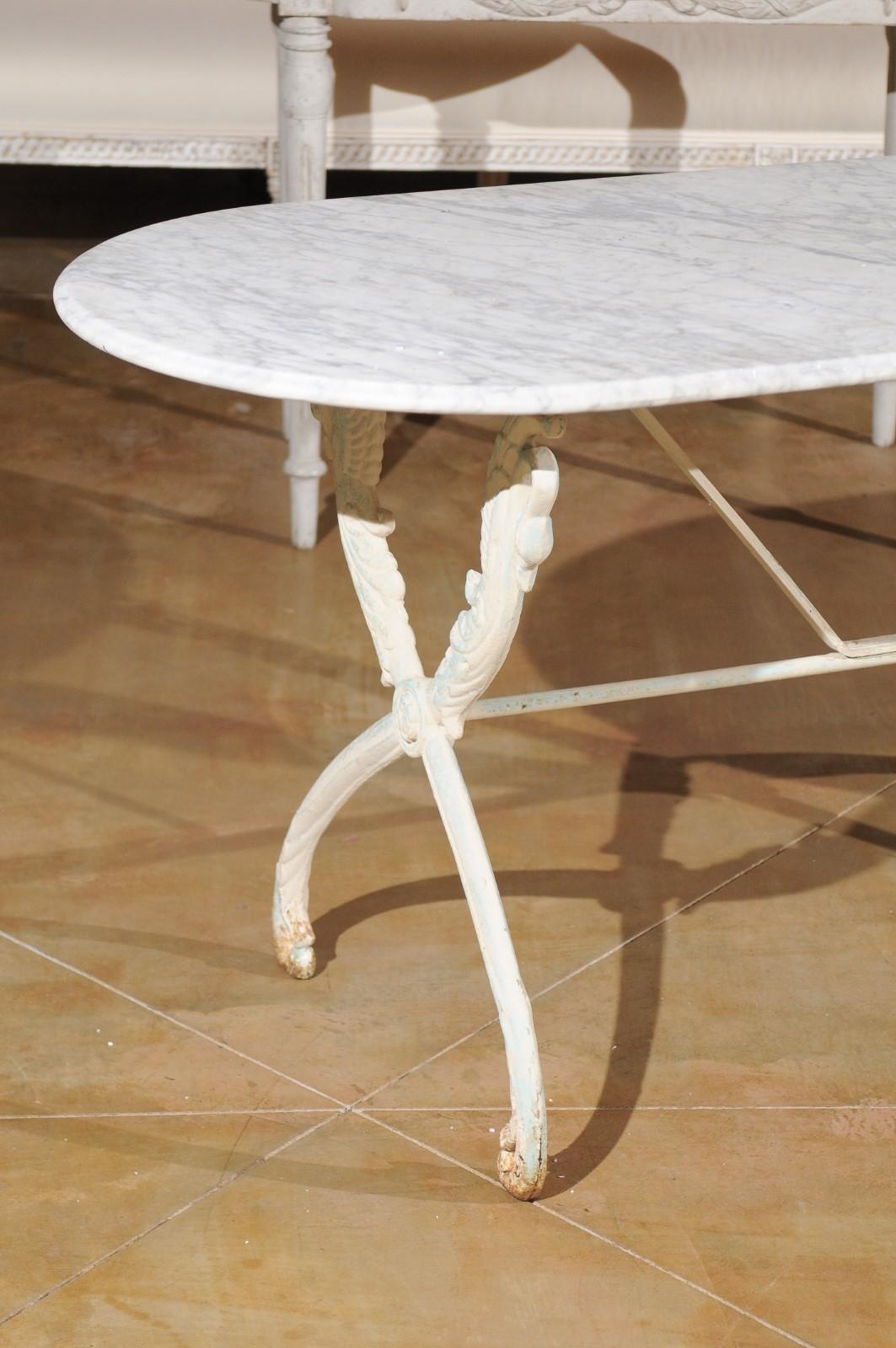 20th Century French Painted Cast Iron Table with Oval Carrara Marble Top and Swan Motifs