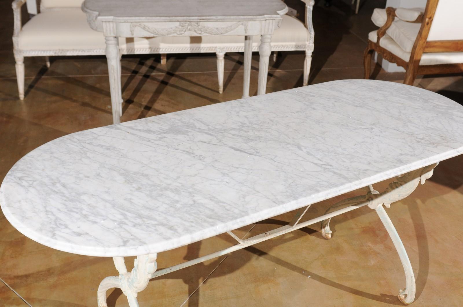 French Painted Cast Iron Table with Oval Carrara Marble Top and Swan Motifs 1