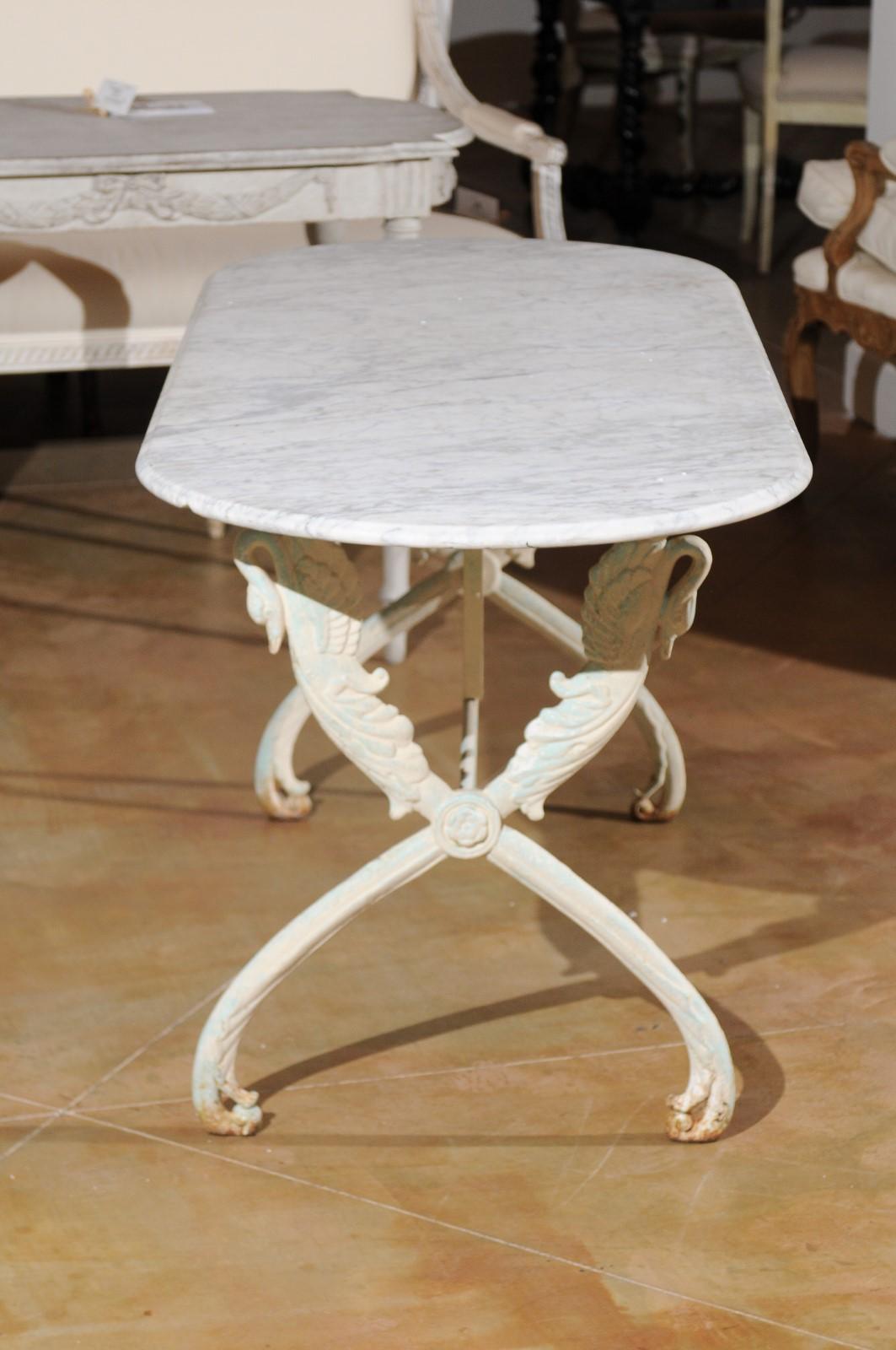 French Painted Cast Iron Table with Oval Carrara Marble Top and Swan Motifs 2