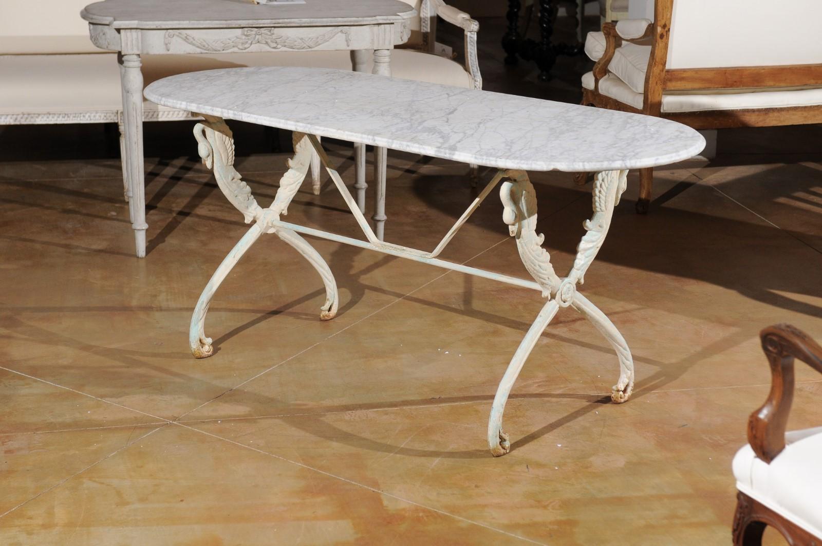 French Painted Cast Iron Table with Oval Carrara Marble Top and Swan Motifs 3