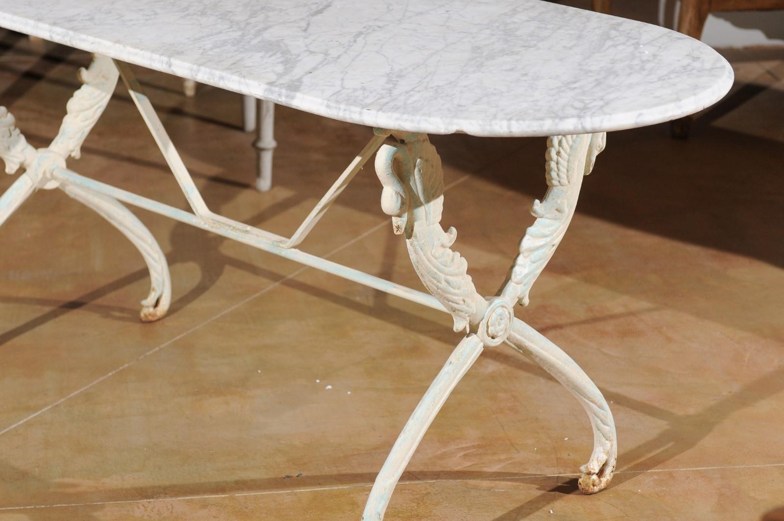 French Painted Cast Iron Table with Oval Carrara Marble Top and Swan Motifs 4