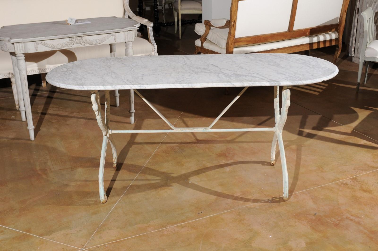 French Painted Cast Iron Table with Oval Carrara Marble Top and Swan Motifs 5
