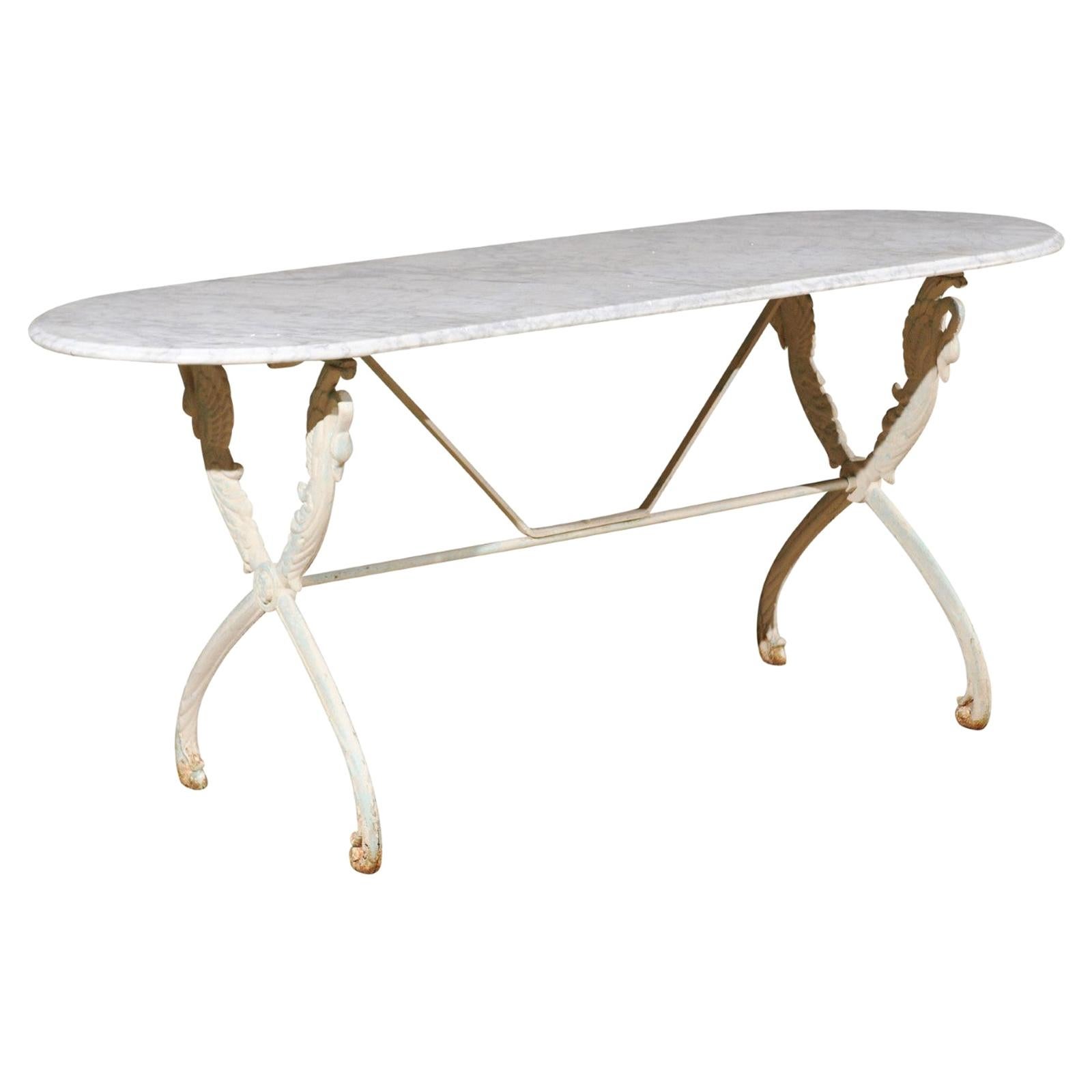 French Painted Cast Iron Table with Oval Carrara Marble Top and Swan Motifs
