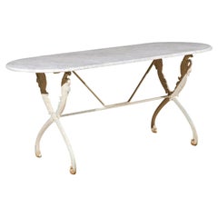 French Painted Cast Iron Table with Oval Carrara Marble Top and Swan Motifs