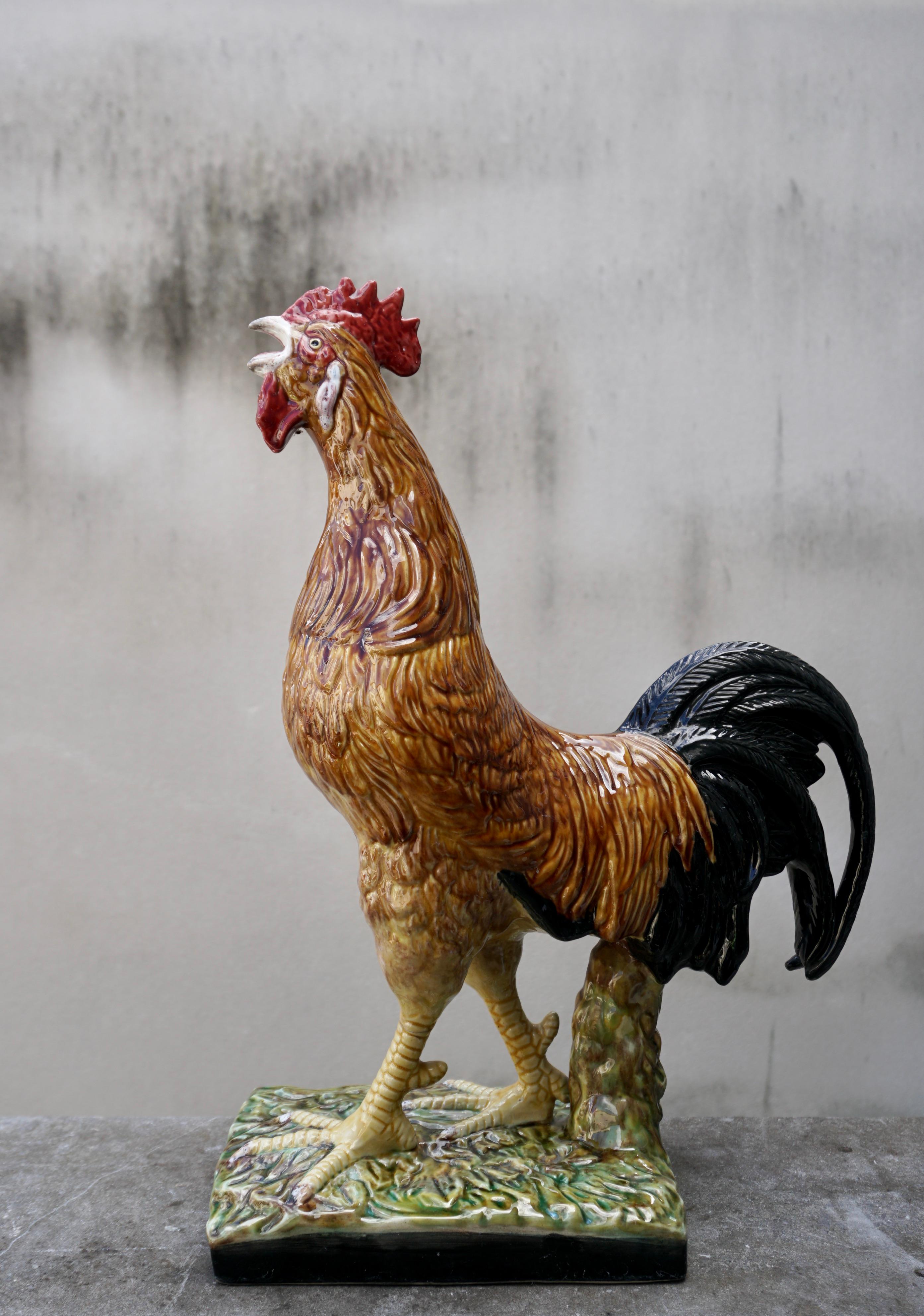Glazed French Painted Ceramic Faience Rooster  For Sale