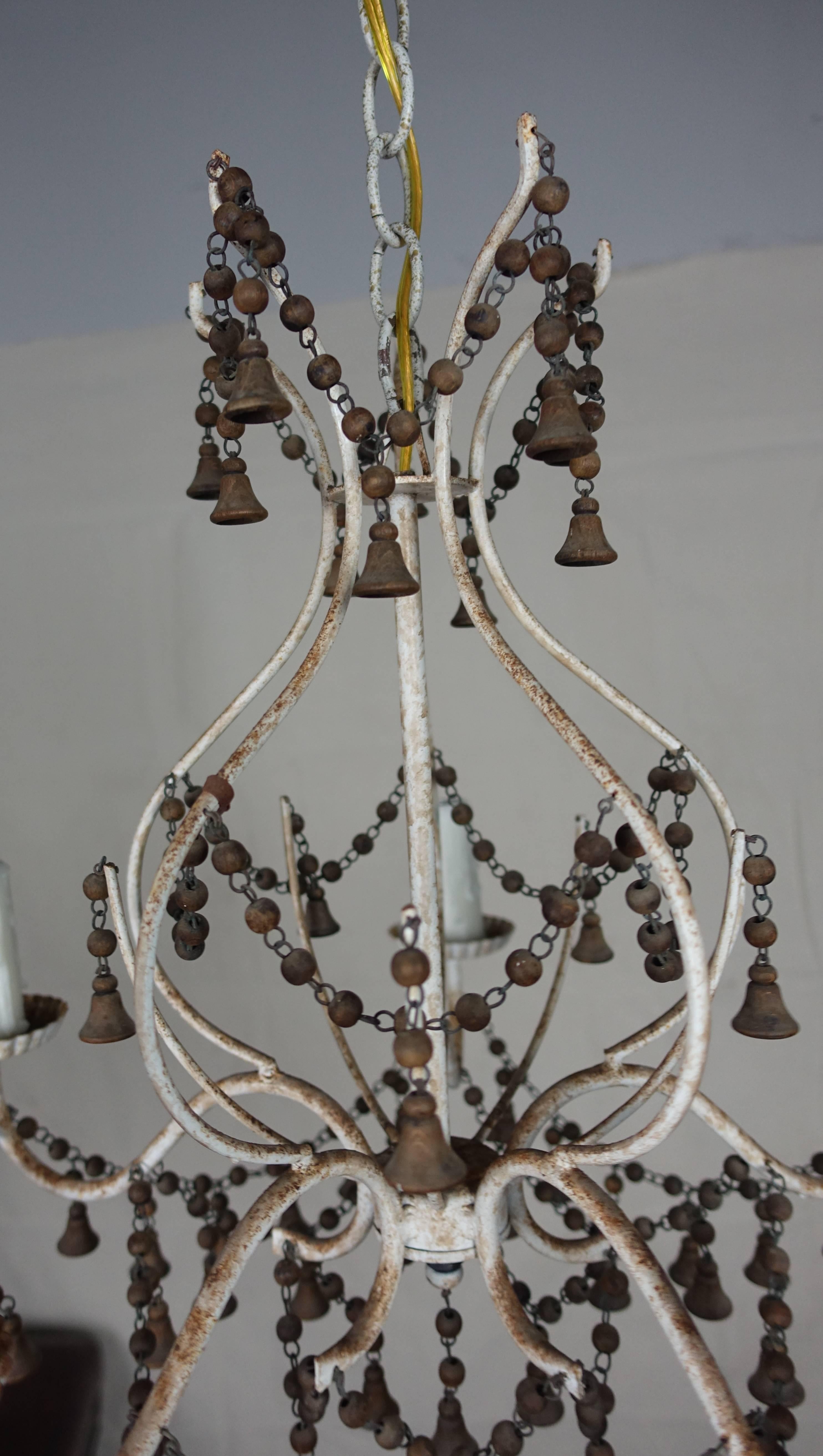 French Painted Chandelier with Wood Drops, circa 1920 In Distressed Condition In Los Angeles, CA