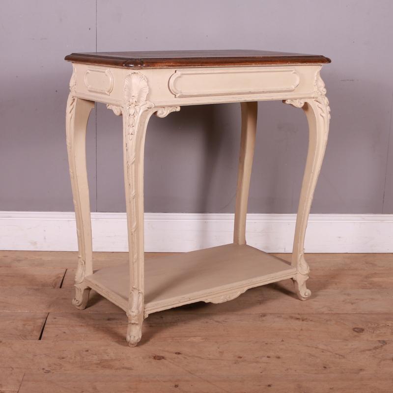 Late 19th C French one drawer painted console table with an oak top (top can be painted if requested). 1890.

Dimensions
31.5 inches (80 cms) wide
16 inches (41 cms) deep
34.5 inches (88 cms) high.

   