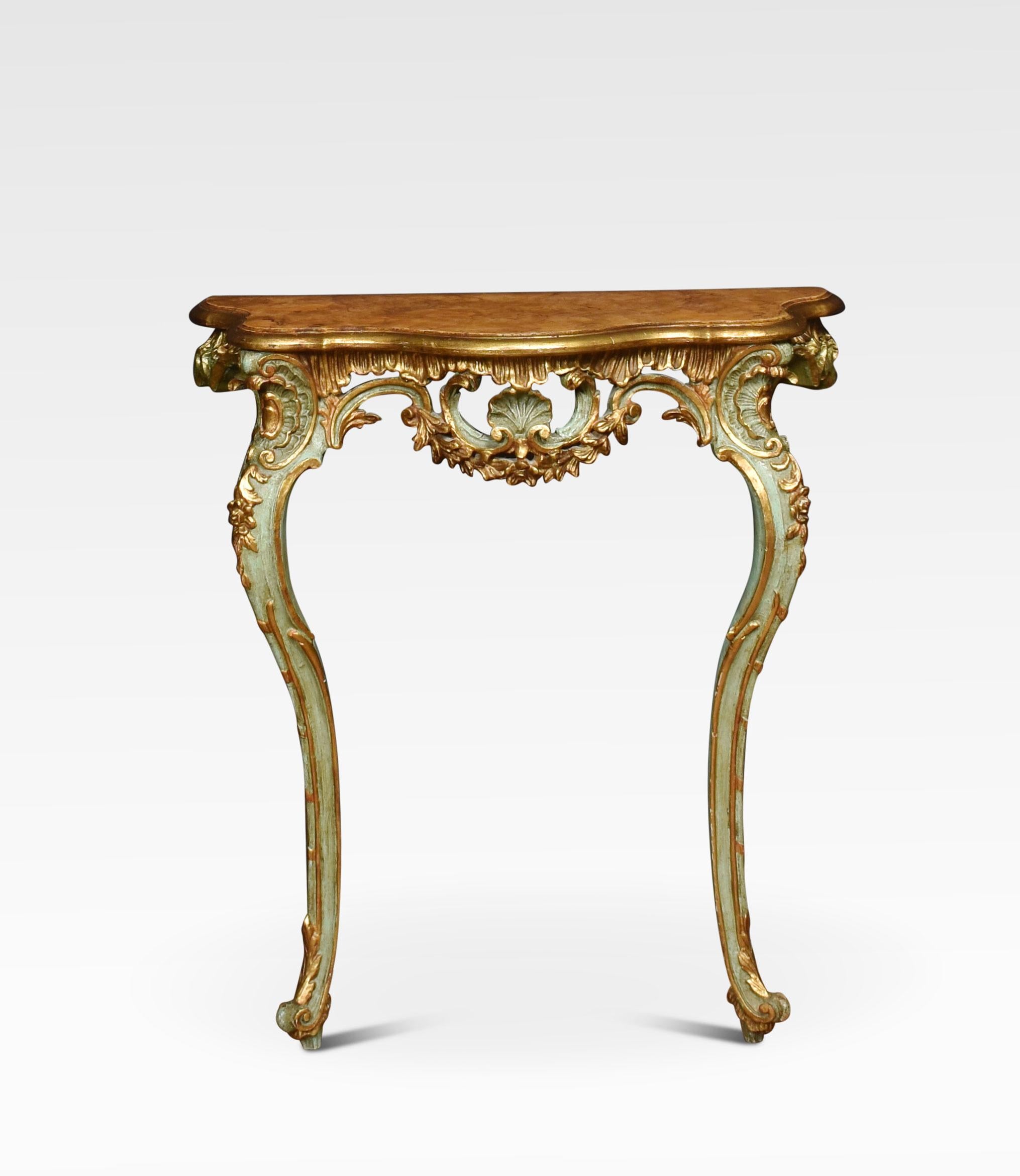 Console table, the simulated walnut top with molded edge above shells, and swag detail. All raised up on two slender cabriole supports terminating in scrolling toes.

Dimensions
Height 33.5 inches
Width 30.5 inches
Depth 14 inches.