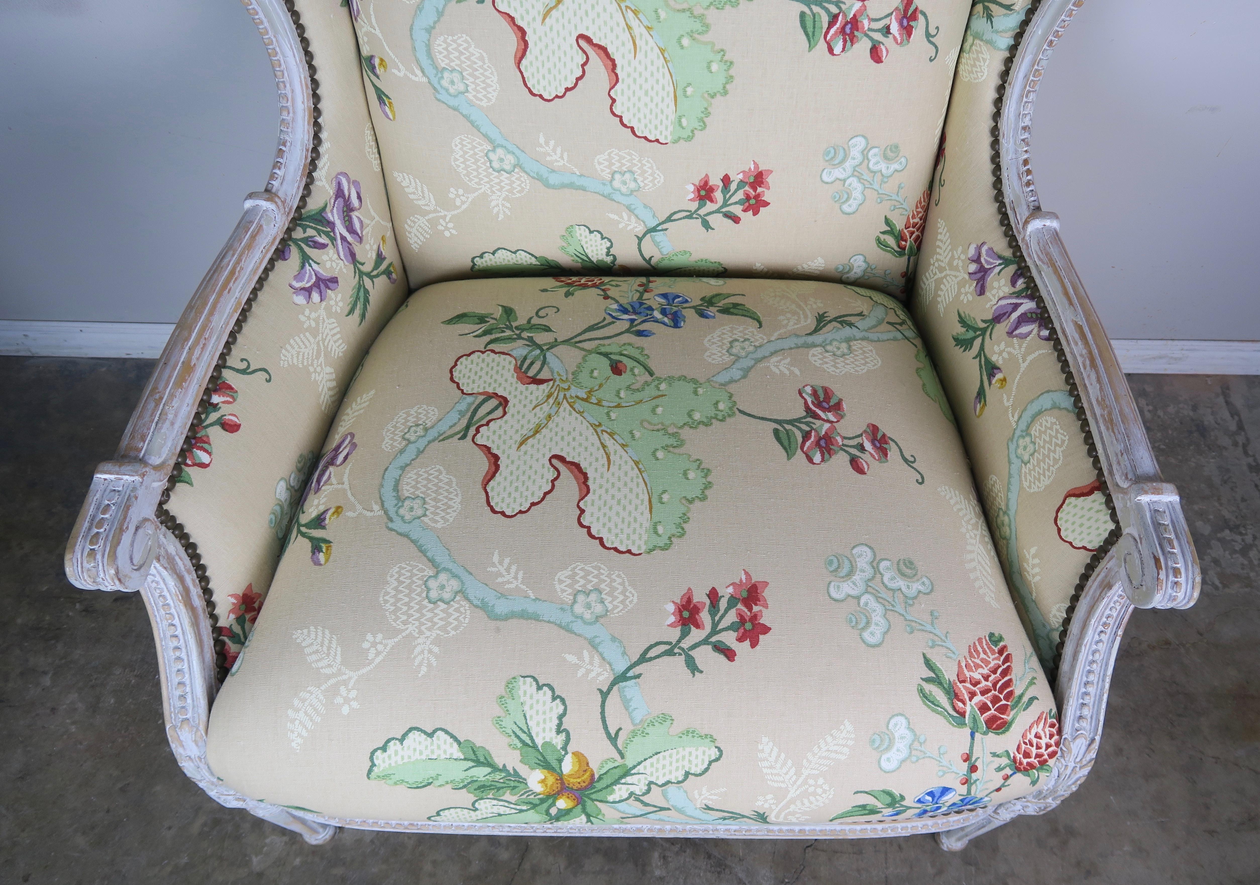 French Painted Brunschwig & Fils Upholstered Wingback Armchairs 5