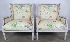 French Painted Brunschwig & Fils Upholstered Wingback Armchairs