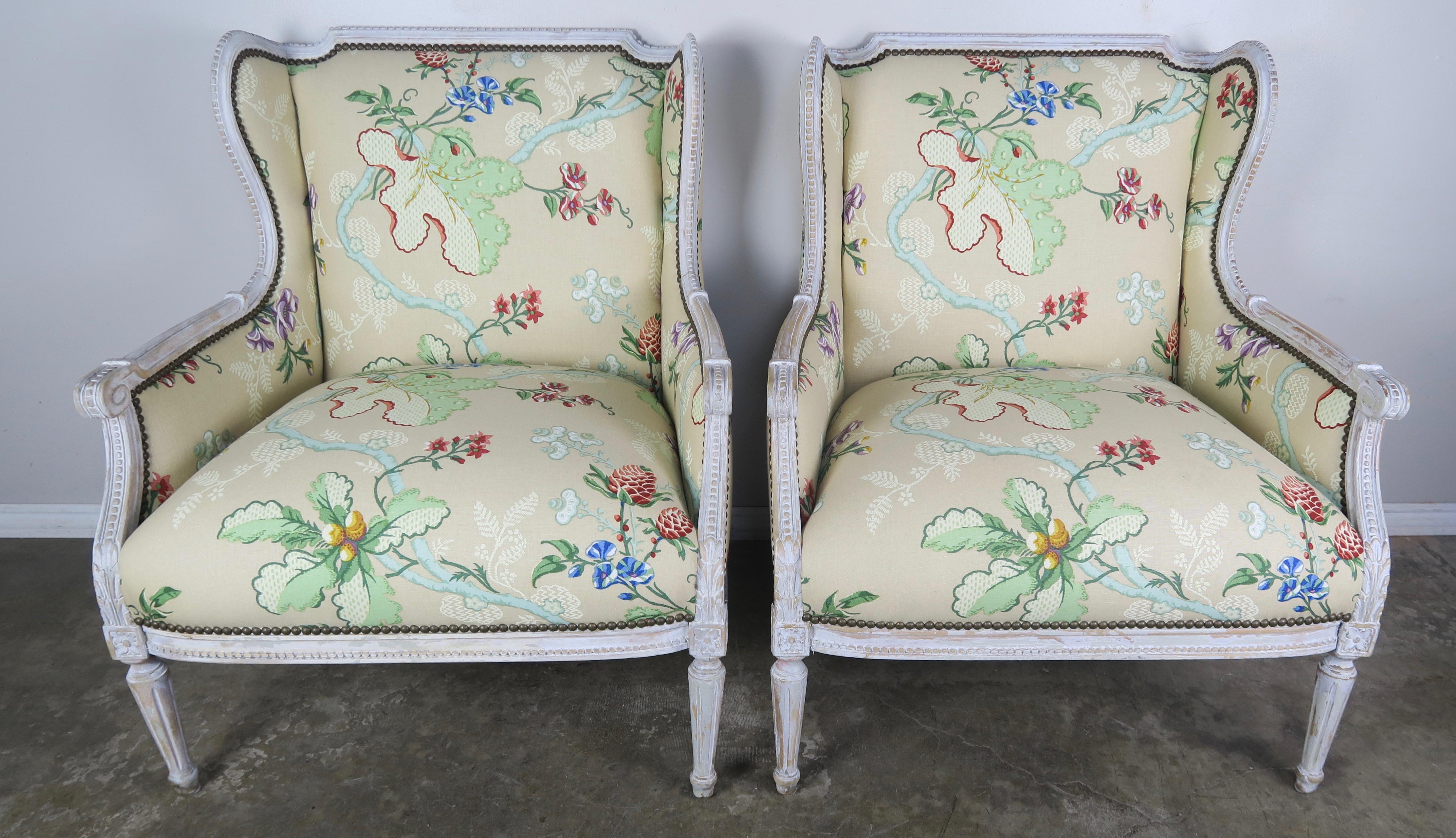 Louis XVI French Painted Brunschwig & Fils Upholstered Wingback Armchairs