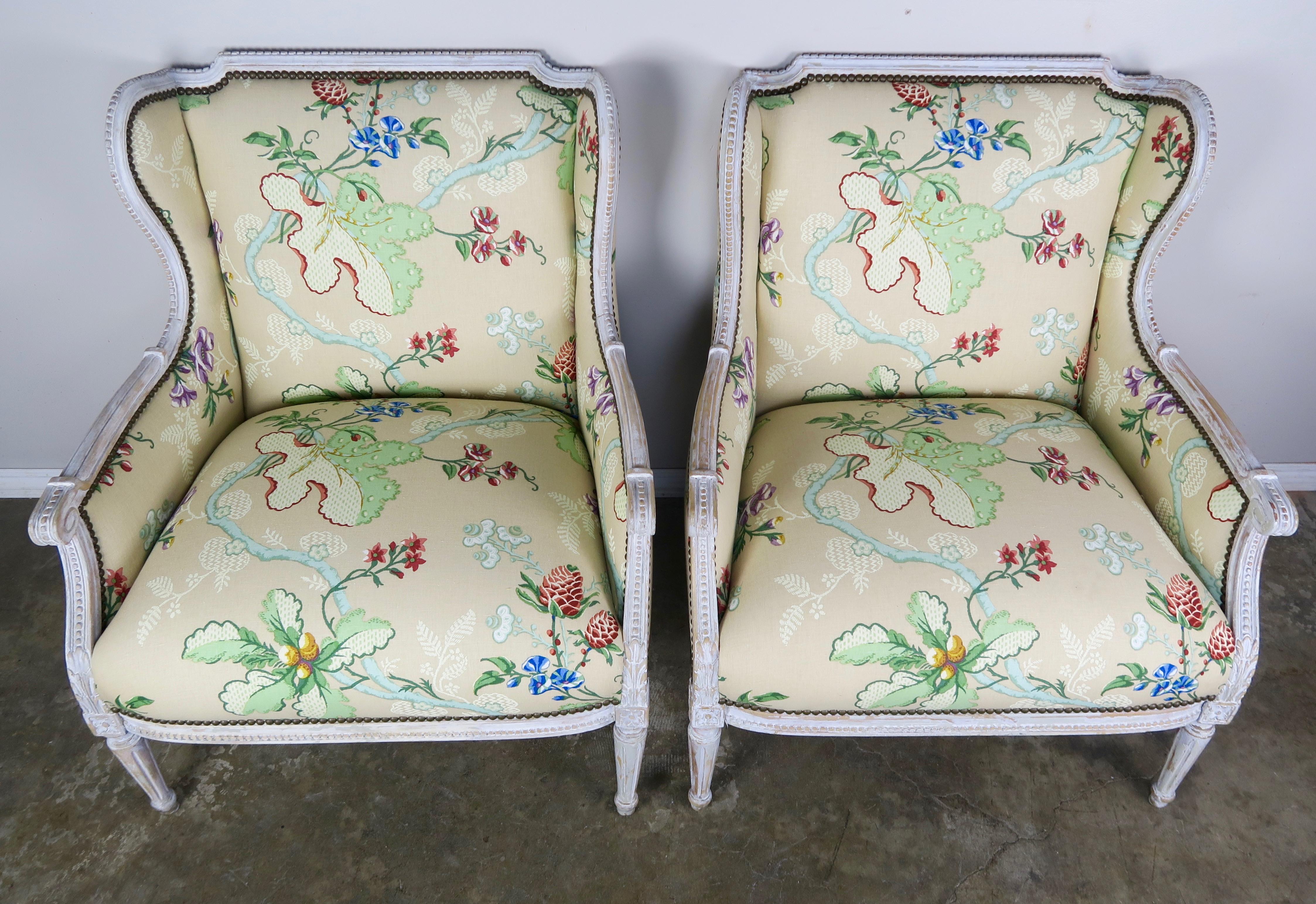 Hand-Painted French Painted Brunschwig & Fils Upholstered Wingback Armchairs