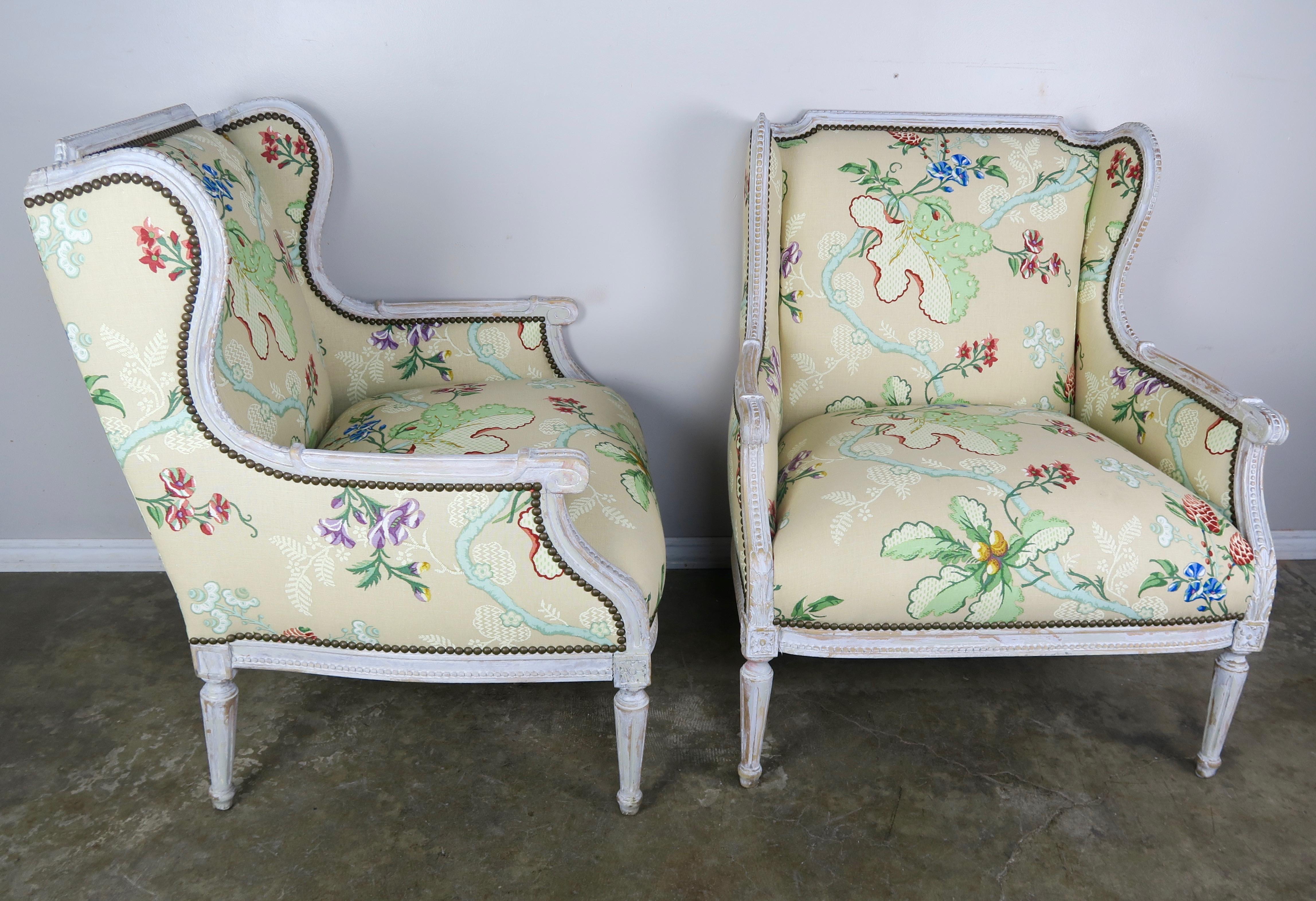 French Painted Brunschwig & Fils Upholstered Wingback Armchairs In Distressed Condition In Los Angeles, CA