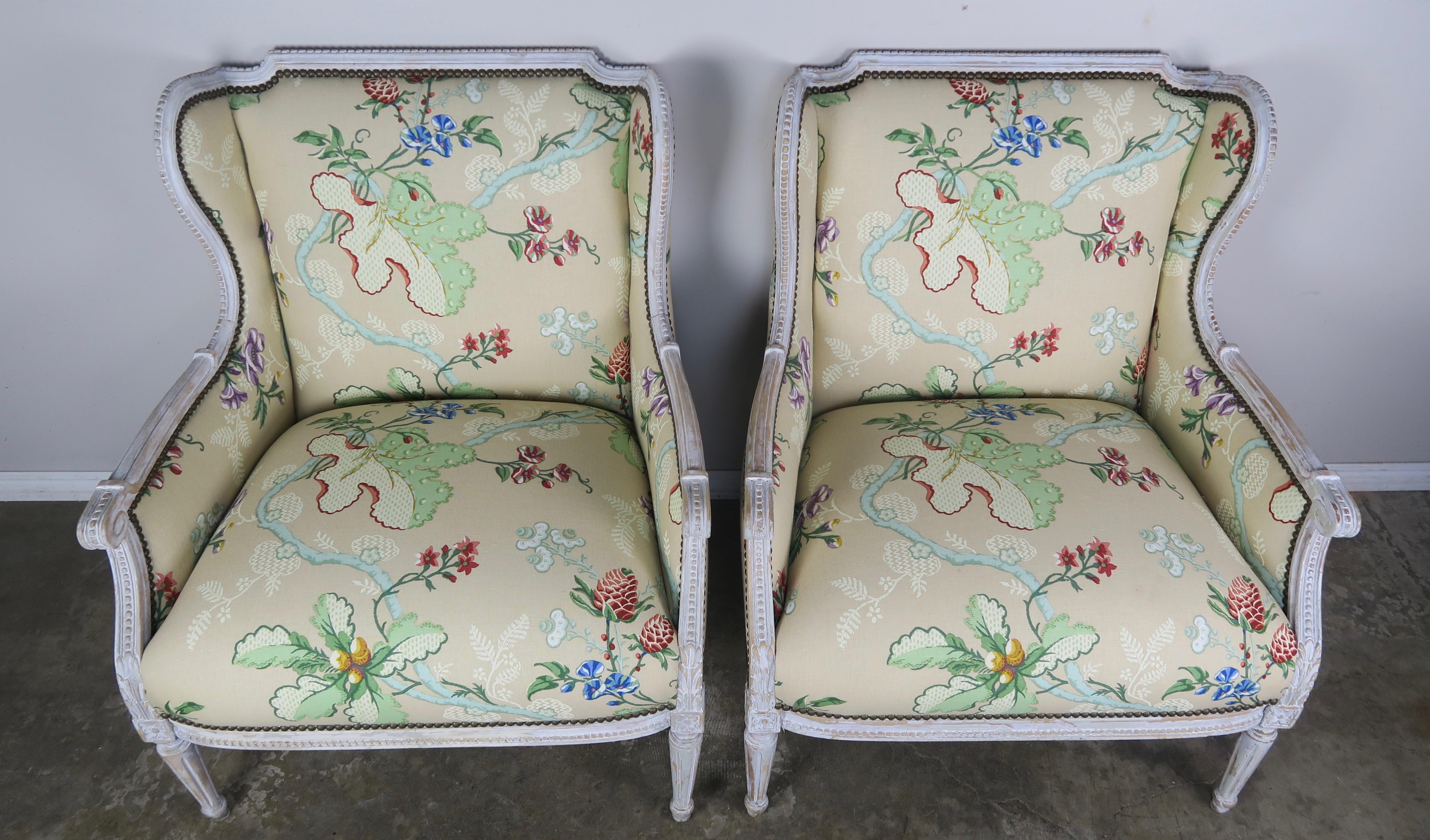 20th Century French Painted Brunschwig & Fils Upholstered Wingback Armchairs
