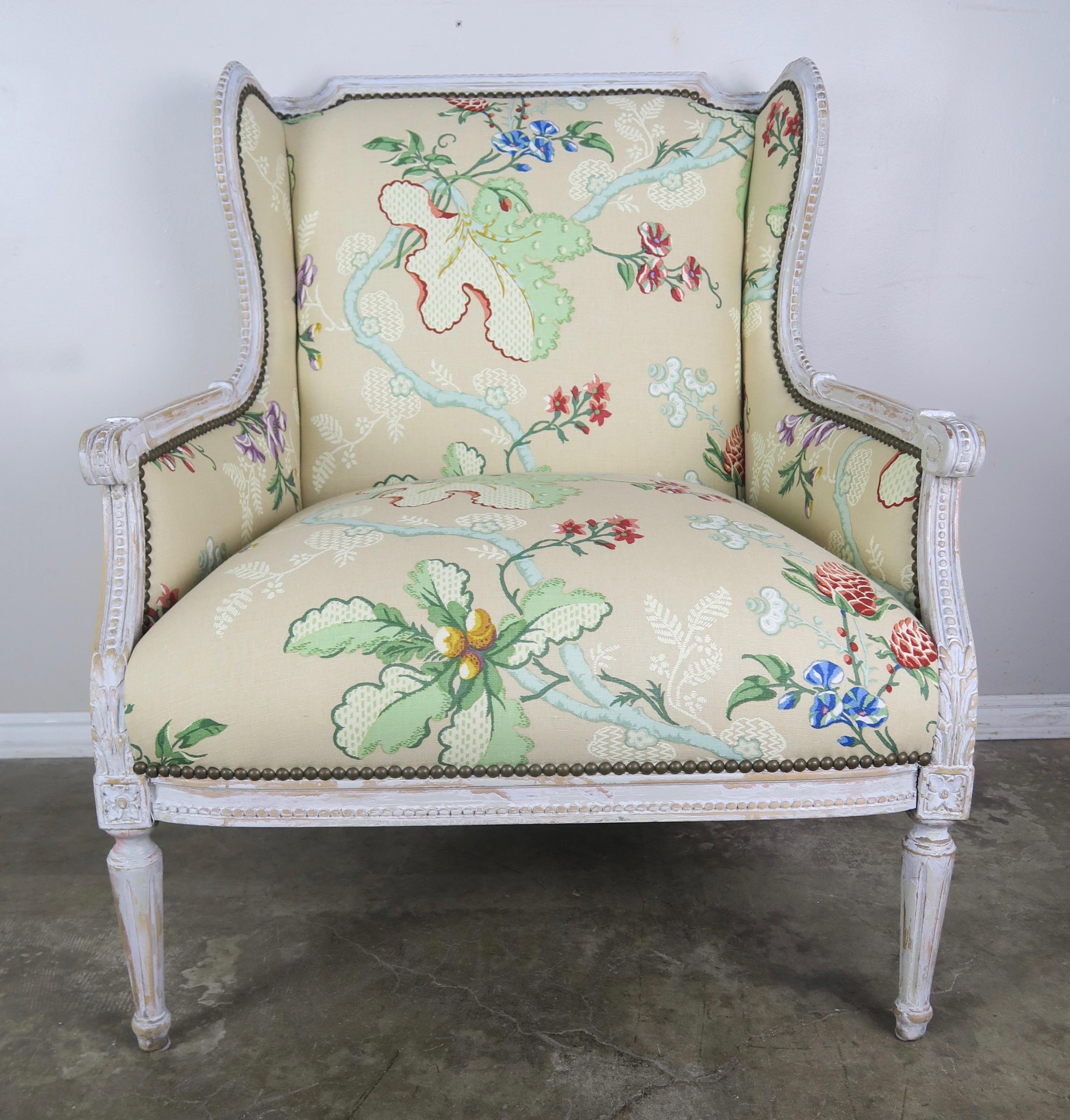 Wood French Painted Brunschwig & Fils Upholstered Wingback Armchairs