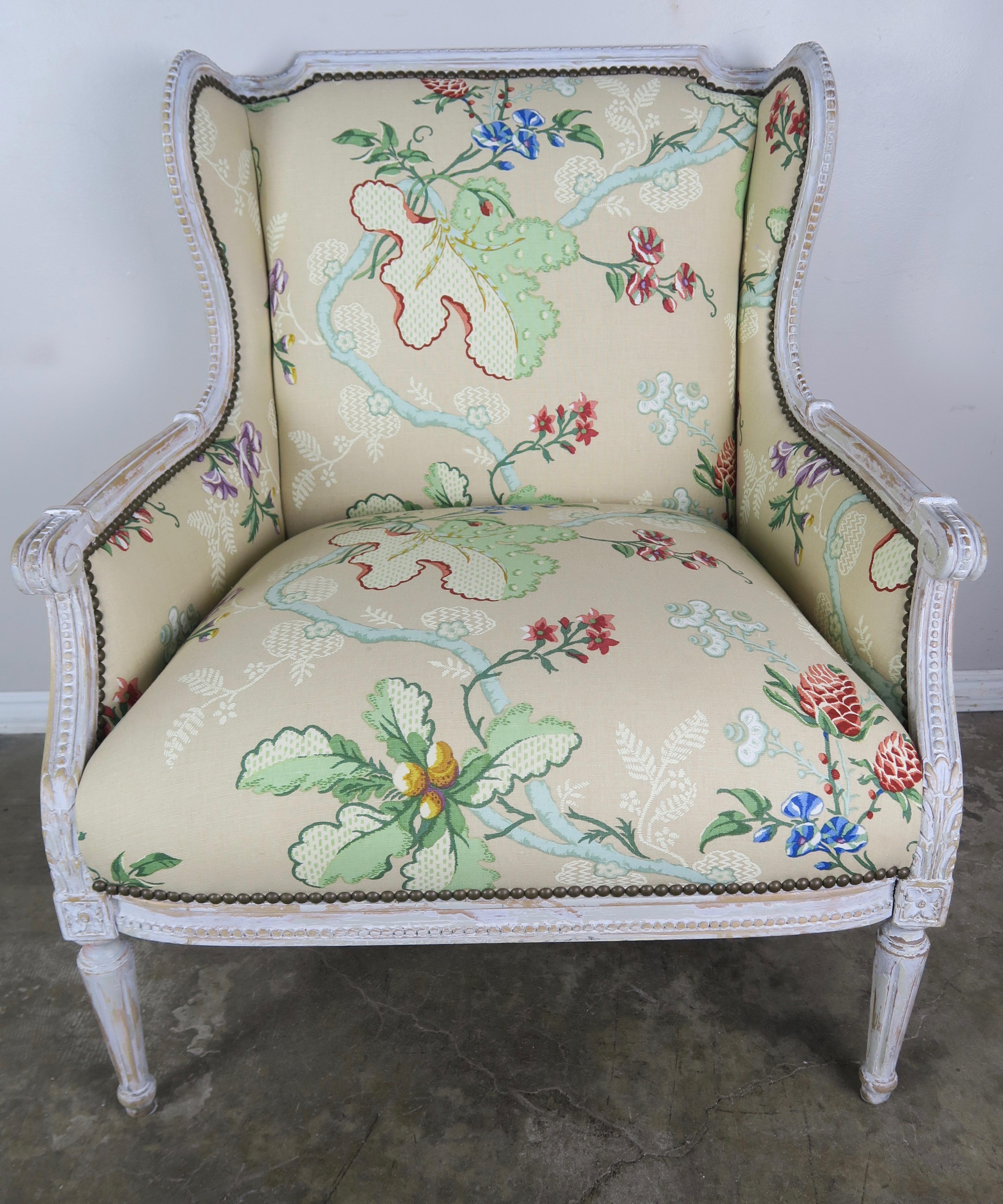 French Painted Brunschwig & Fils Upholstered Wingback Armchairs 1