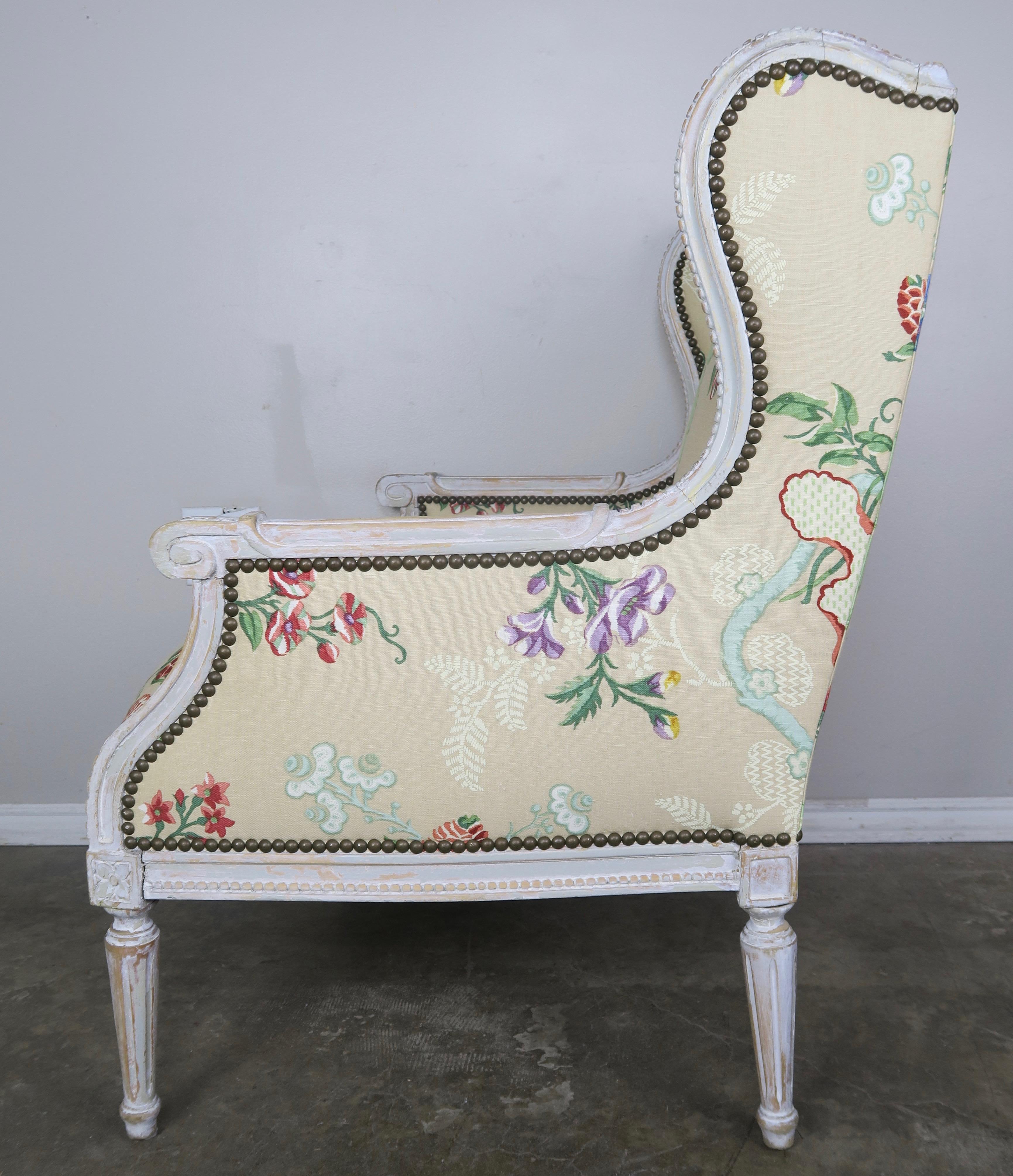 French Painted Brunschwig & Fils Upholstered Wingback Armchairs 2