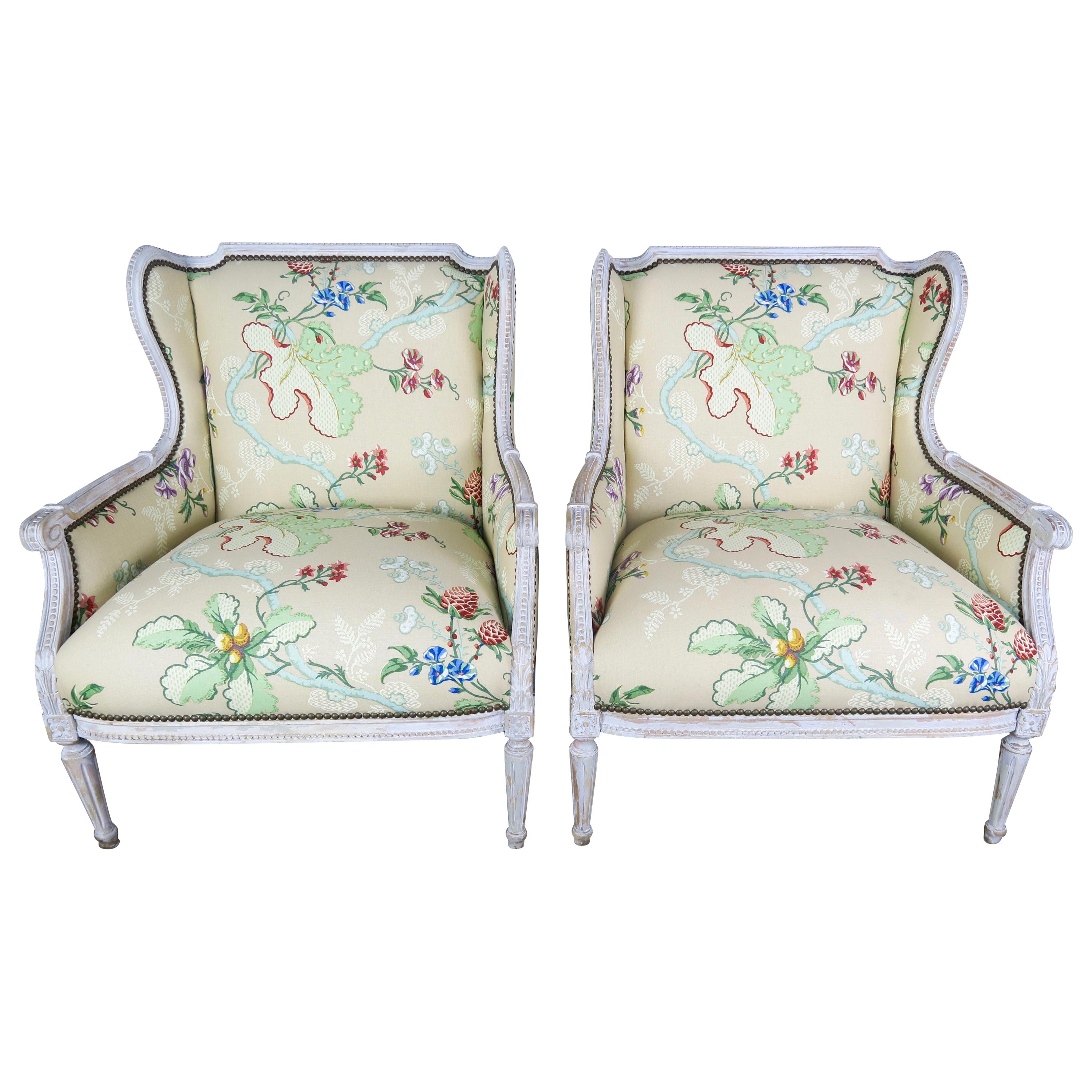 French Painted Brunschwig & Fils Upholstered Wingback Armchairs