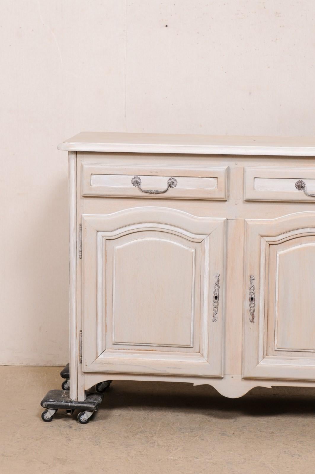 Wood French Painted Credenza Console W/Drawers & Arched Panel Doors, Mid-20th Century For Sale