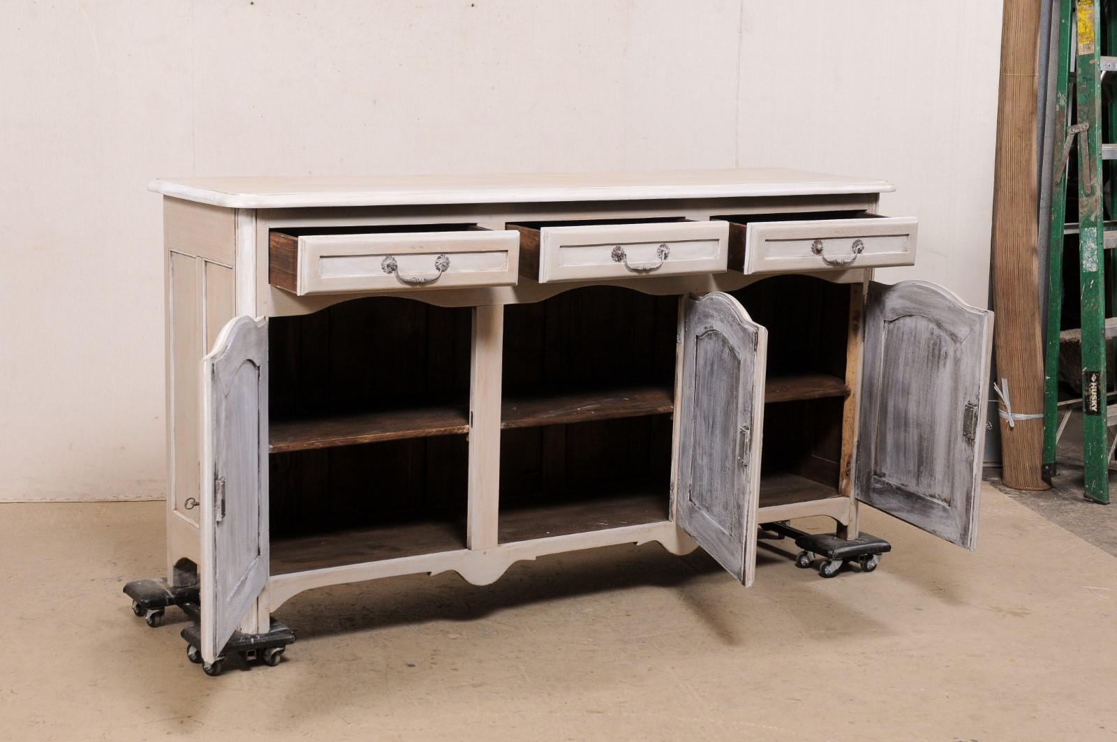 French Painted Credenza Console W/Drawers & Arched Panel Doors, Mid-20th Century For Sale 1